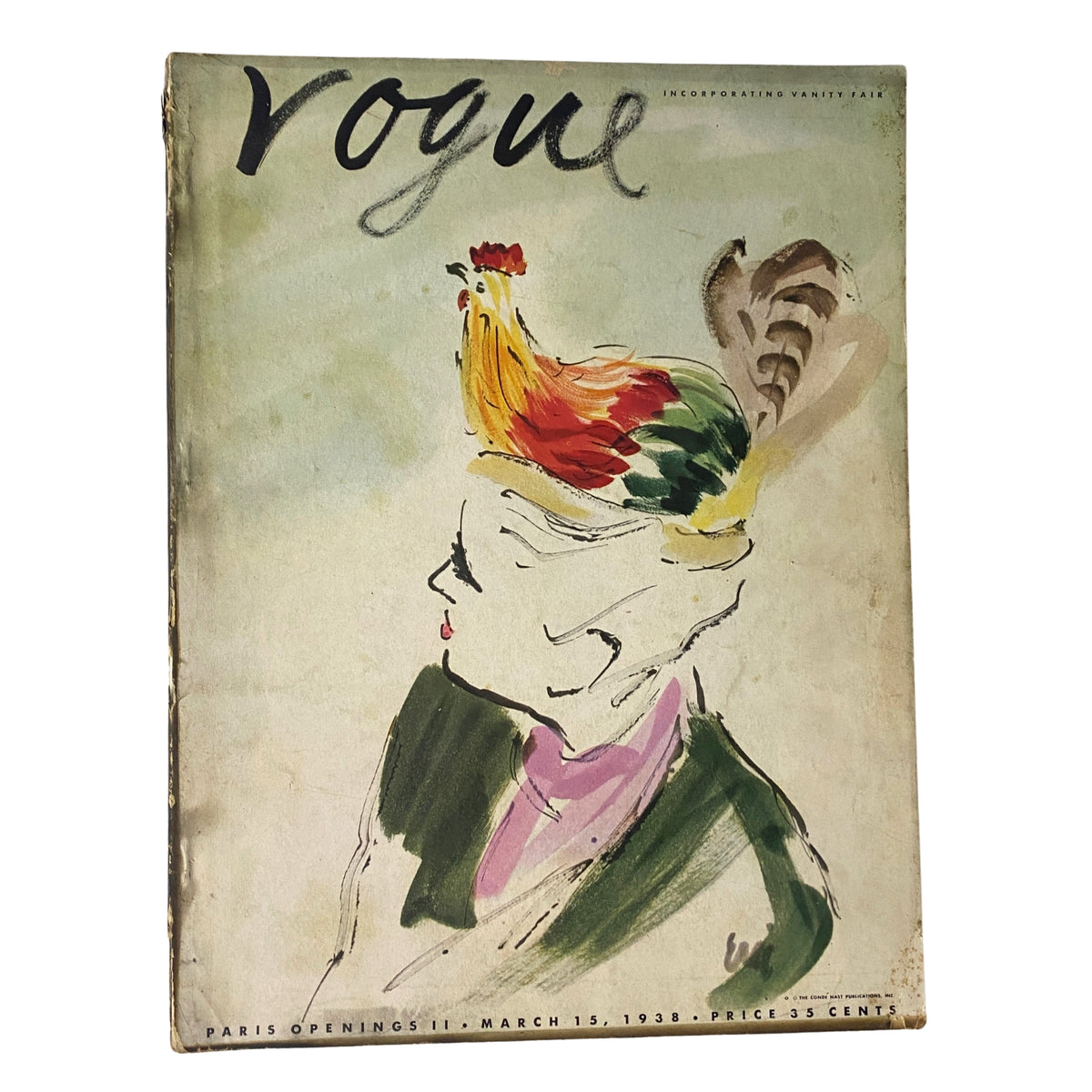 Cover of Vogue Magazine dated March 15, 1938 featuring 'Paris Openings II' illustrated by Carl Erickson, showcasing a vibrant, artistic depiction of fashion with bold colors.