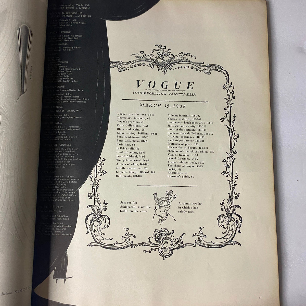 Interior page of Vogue Magazine March 15, 1938 displaying the table of contents, providing insight into the magazine's features and articles.