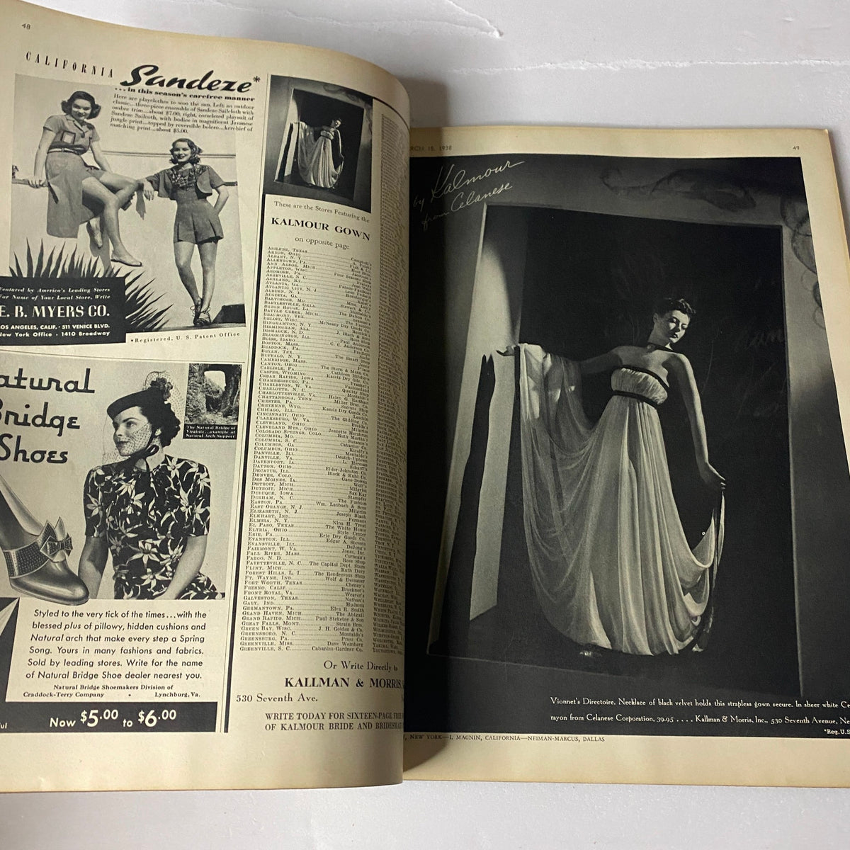 Interior page of Vogue Magazine March 15, 1938 featuring an advertisement for Kalman & More, showcasing 1930s fashion trends.