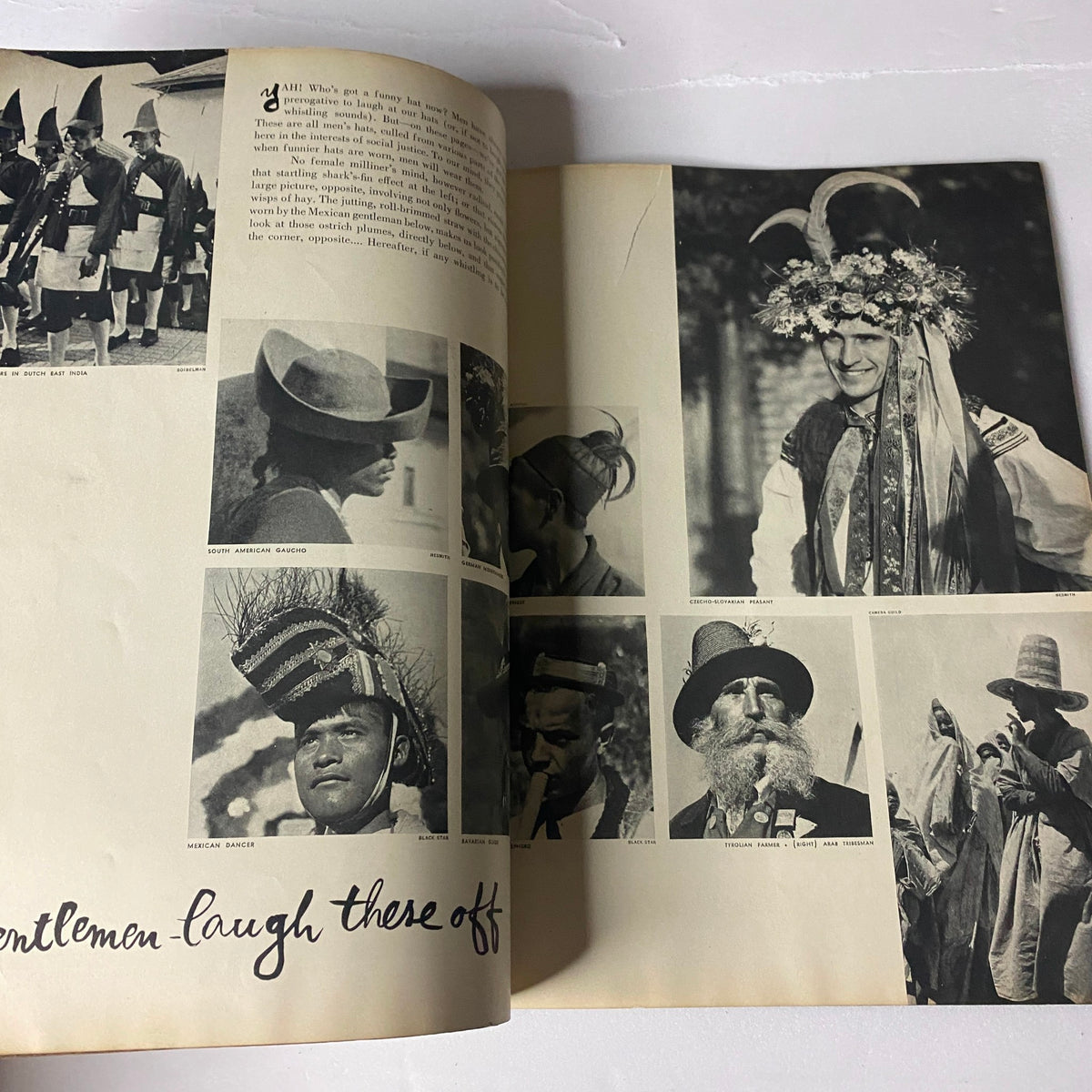 Photographic spread from Vogue Magazine March 15, 1938, featuring ethnic attire and headgear, highlighting cultural diversity in fashion with the caption 'Gentlemen—laugh these off'.