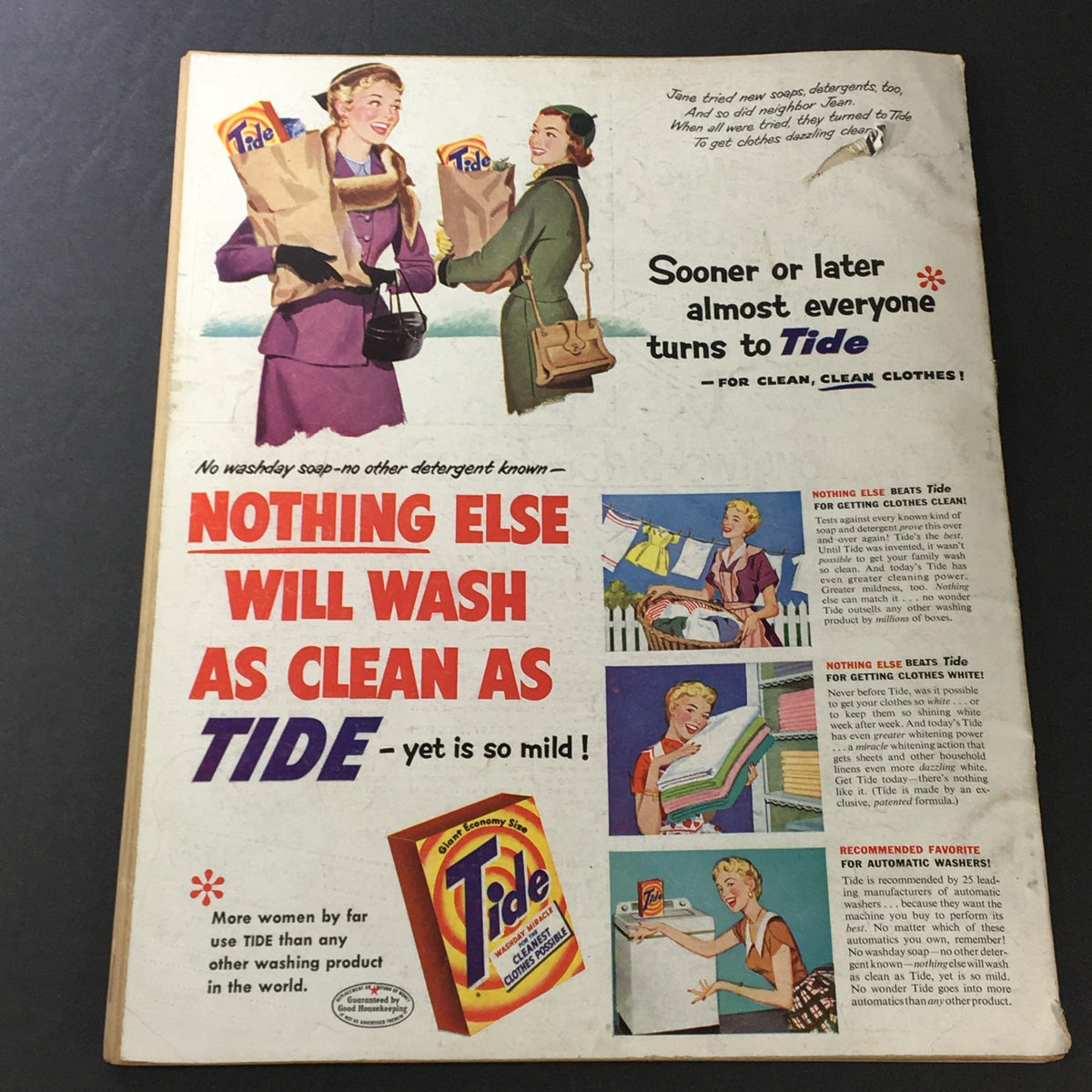 Back cover of VTG Better Homes & Gardens Magazine February 1954 featuring an advertisement for Tide detergent, with vintage illustrations and promotions for laundry cleanliness.