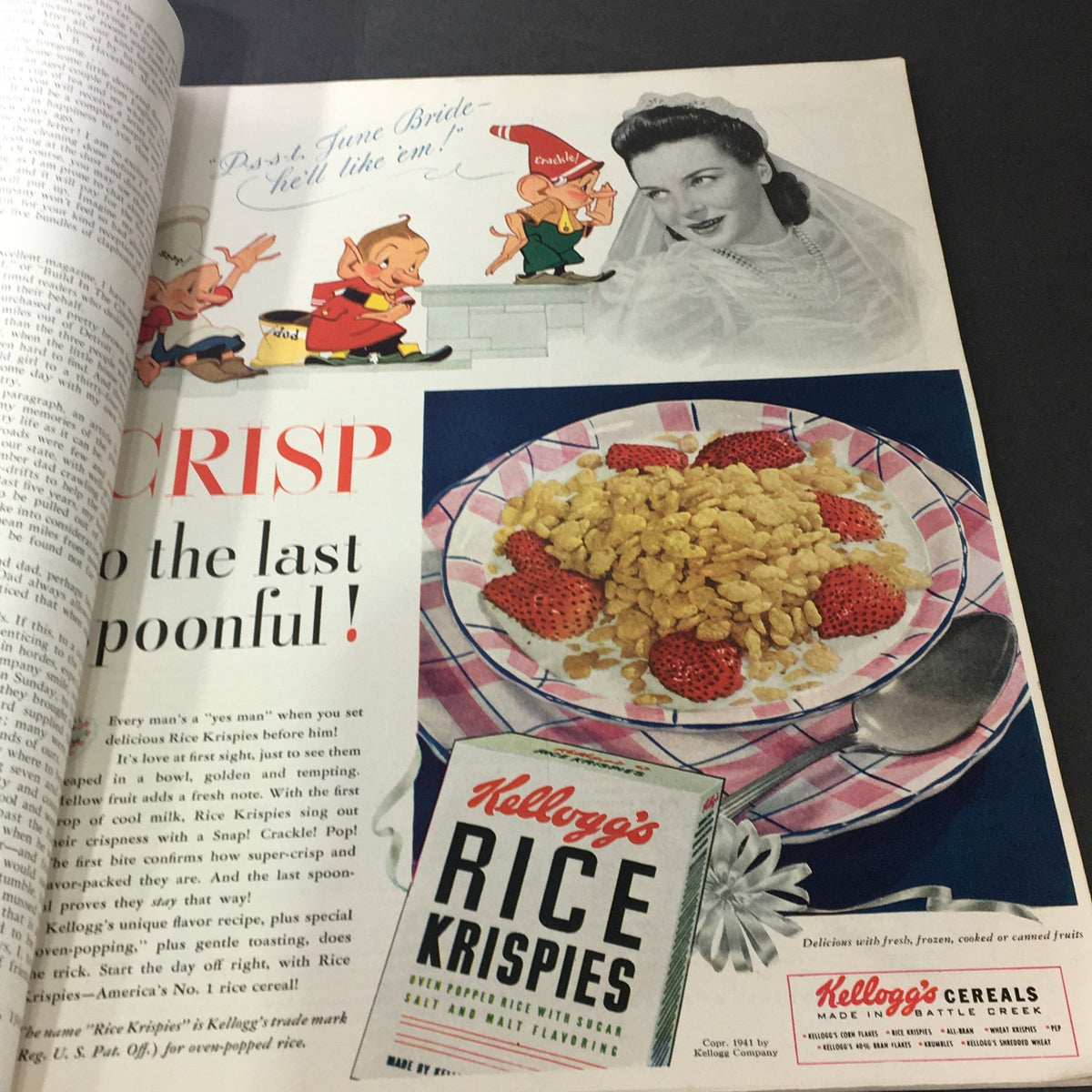 Another interior page from 'VTG The American Home June 1941 Graduation Day', featuring a vintage advertisement for Kellogg's Rice Krispies alongside a nostalgic illustration.