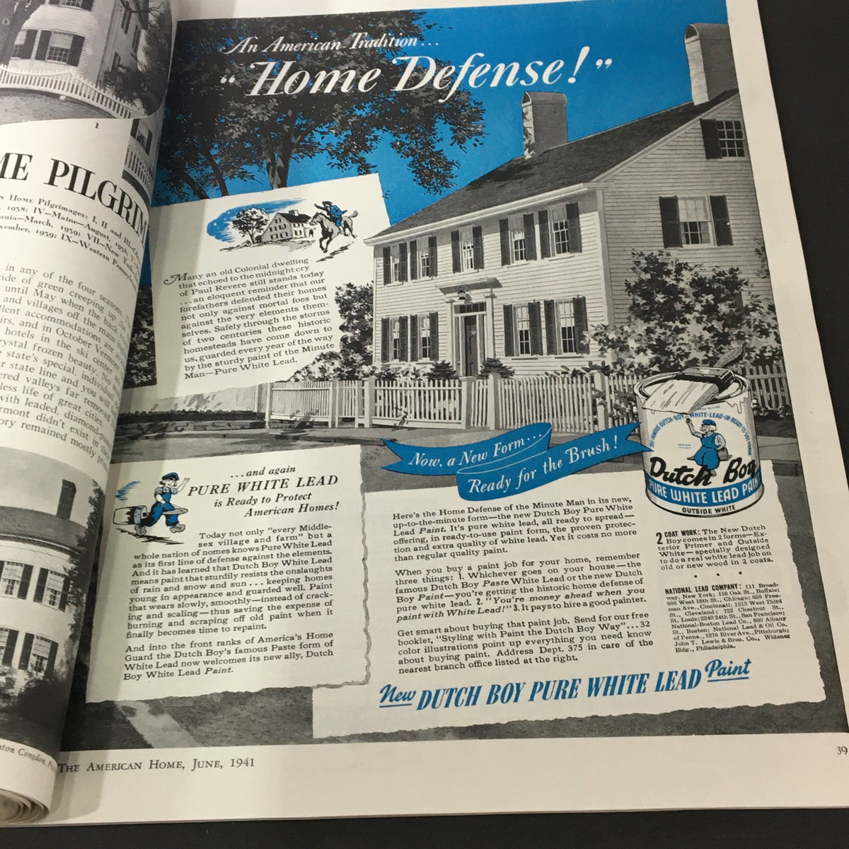 VTG The American Home June 1941 Graduation Day magazine spread featuring an advertisement for Dutch Boy Pure White Lead Paint, emphasizing home defense and preservation.