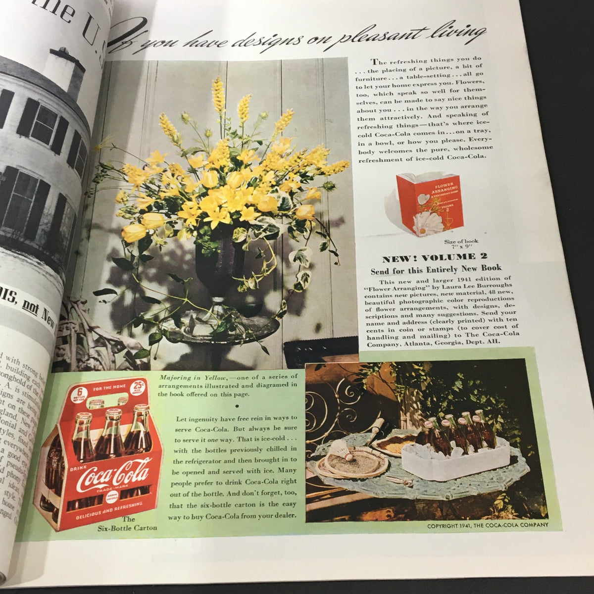 VTG The American Home June 1941 Graduation Day magazine page displaying floral arrangements alongside a Coca-Cola advertisement, highlighting designs for pleasant living.