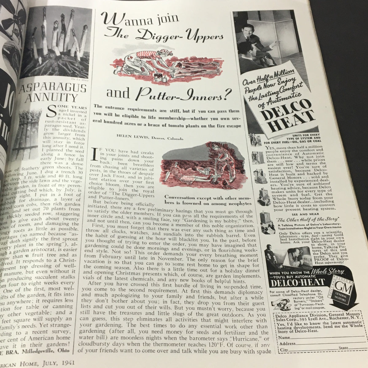Article page in VTG The American Home July 1941 discussing gardening advice and a humorous invitation to the 'Digger Uppers and Putter-Inners' community.