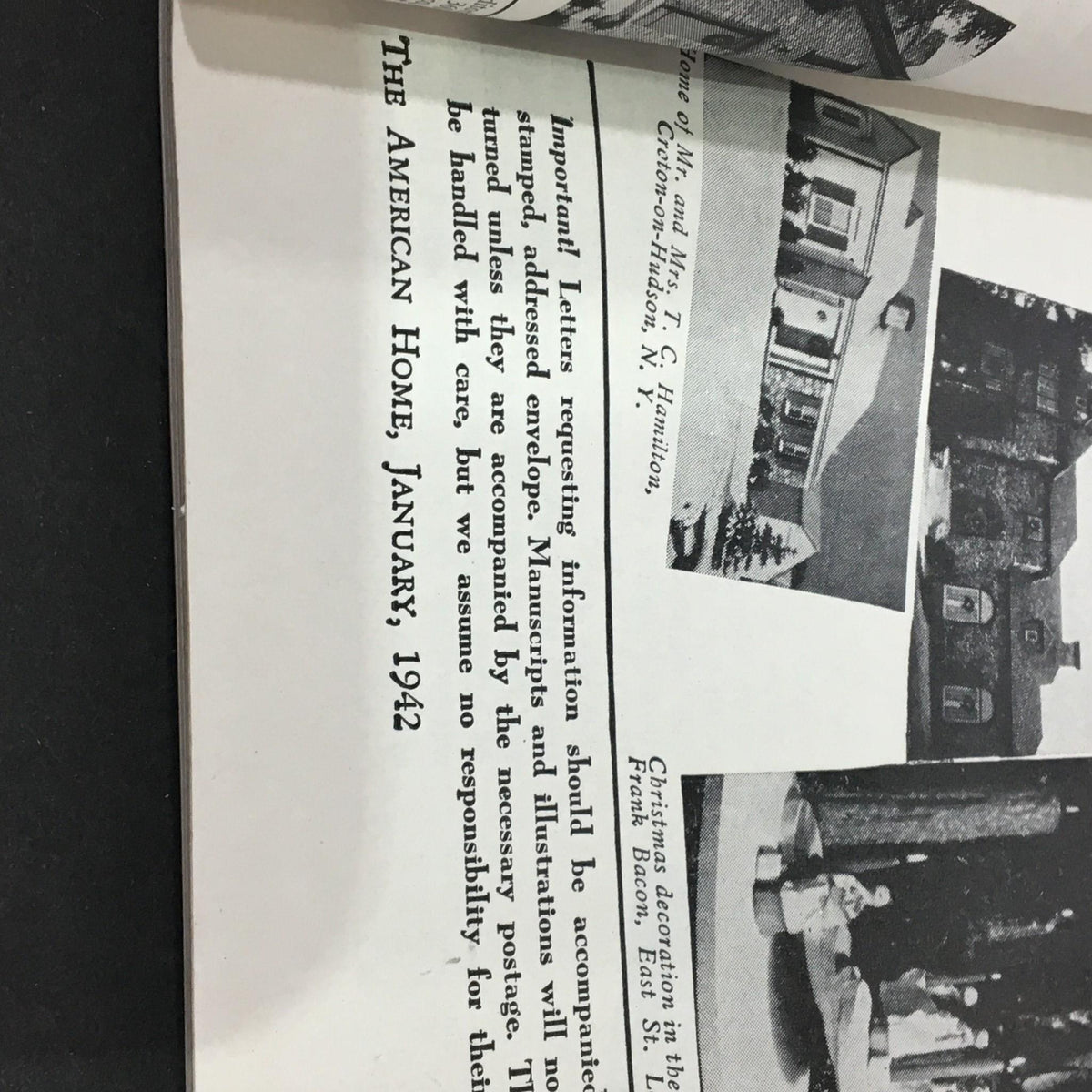 Page from VTG The American Home January 1942 magazine displaying important information amidst vintage photography, capturing the essence of the early 1940s.