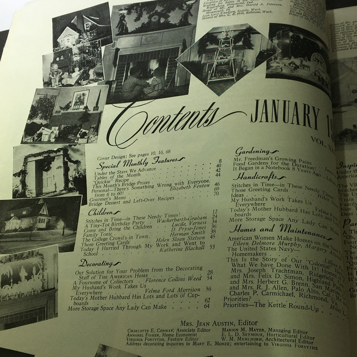 Contents page of VTG The American Home January 1942 magazine, listing various articles and features related to gardening and homemaking during wartime.