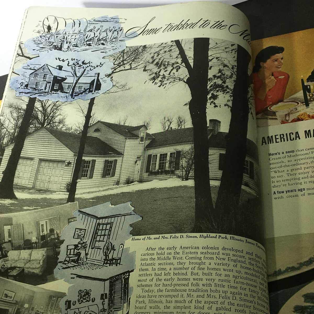 Image from VTG The American Home January 1942 showing the home of Mr. and Mrs. Felix D. Simon in Highland Park, Illinois, with historical context about American living conditions during WWII.