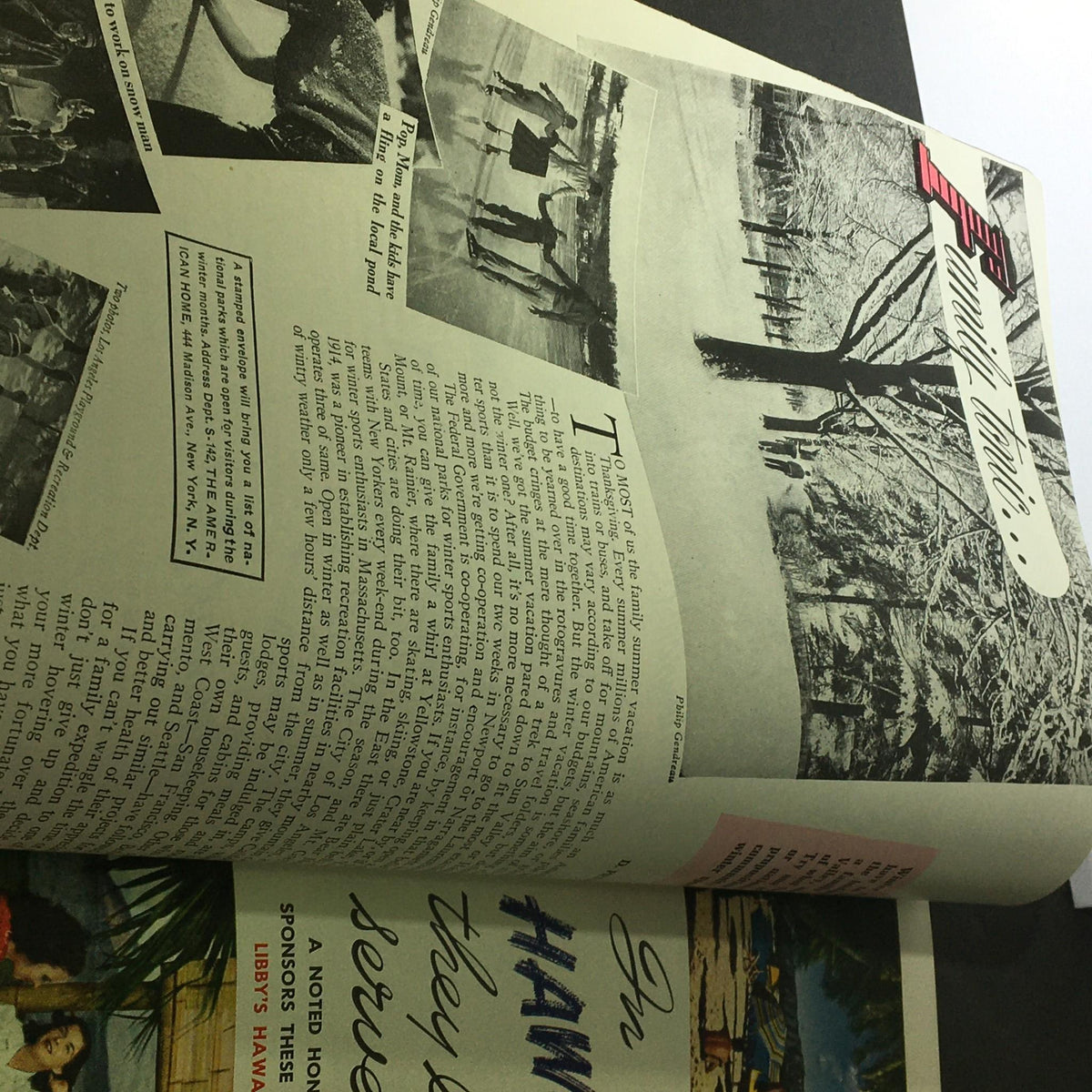 Page from VTG The American Home January 1942 discussing family summer traditions and activities during WWII, featuring vintage photographs.