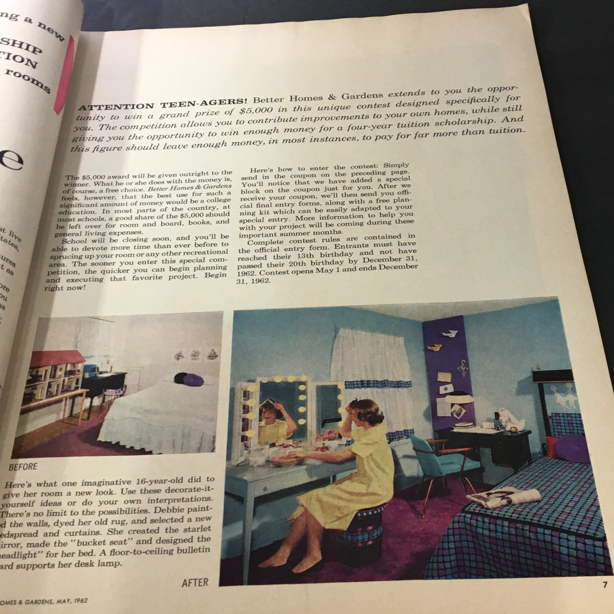 Inside page of VTG Better Homes & Gardens May 1962 magazine announcing a scholarship contest for teen-agers, featuring home improvement ideas.