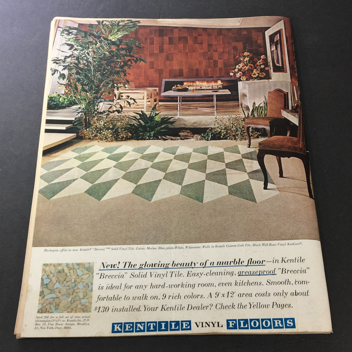 Advertisement for Kentile Vinyl Floors from Better Homes & Gardens May 1962, showcasing a stylish living room with patterned vinyl flooring.