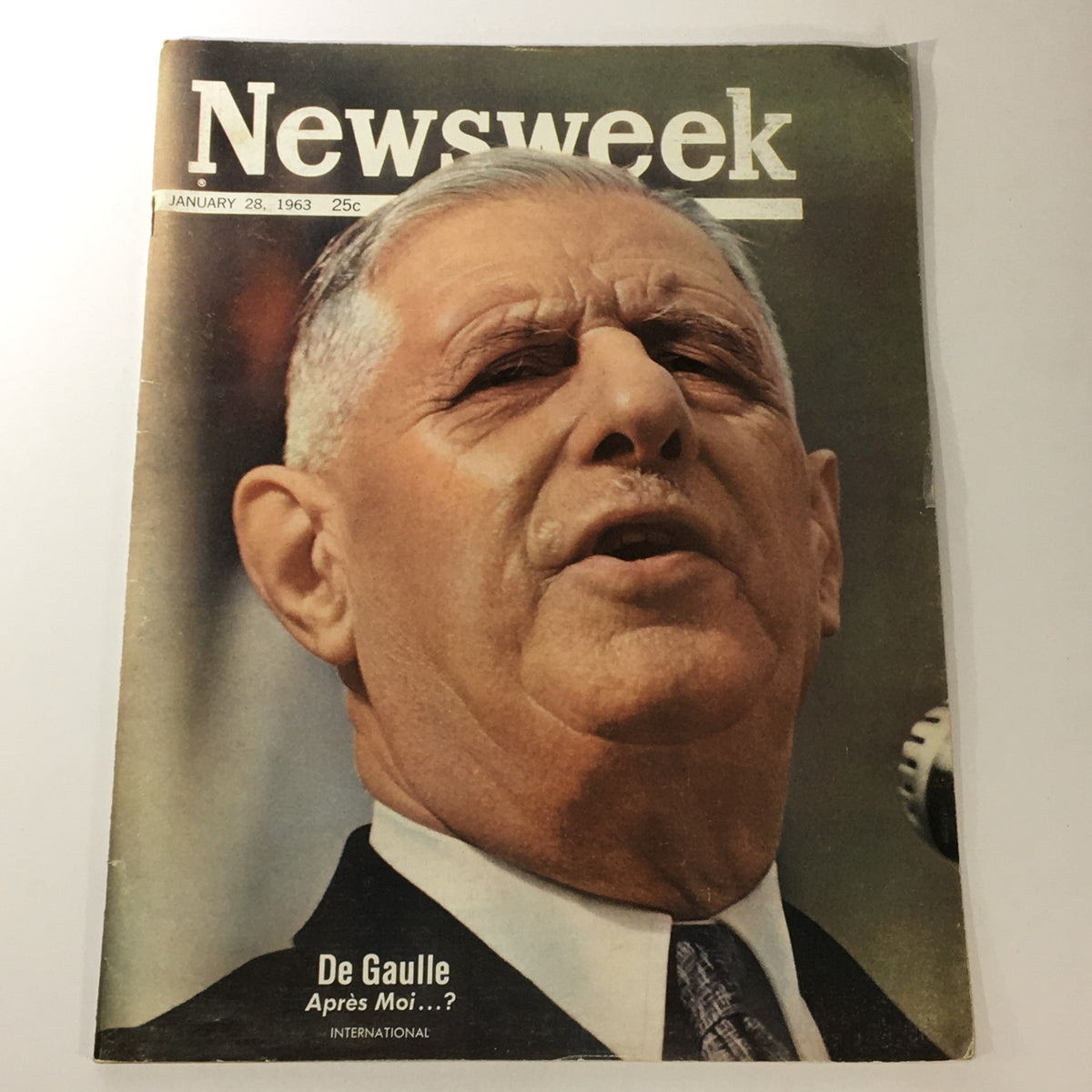 VTG Newsweek Magazine January 28 1963 cover featuring President Charles de Gaulle with bold lettering and an image of him speaking.