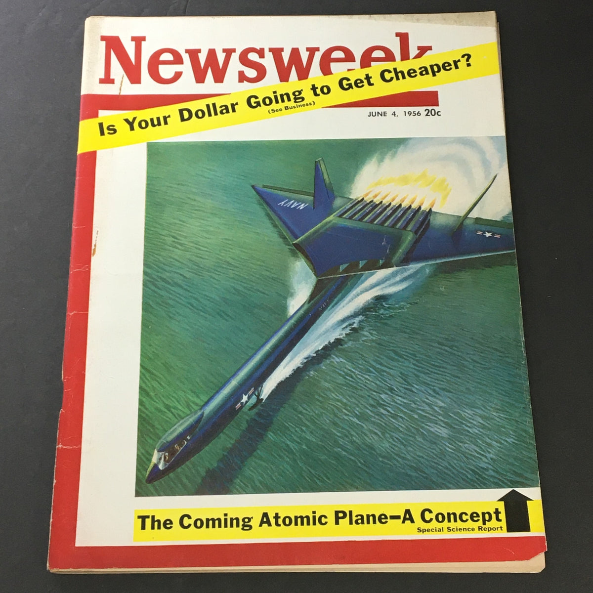 VTG Newsweek Magazine June 4 1956 featuring the article 'The Coming Atomic Plane - A Concept' with a colorful cover illustration of a futuristic aircraft above water.