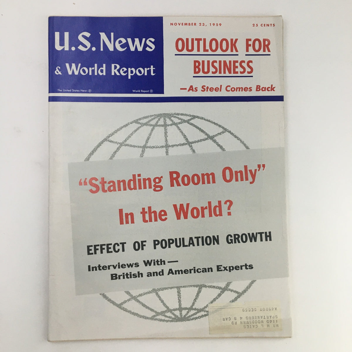 VTG U.S. News & World Report from November 23, 1959 titled 'Standing Room Only In the World', featuring an article on the effects of population growth and interviews with British and American experts.