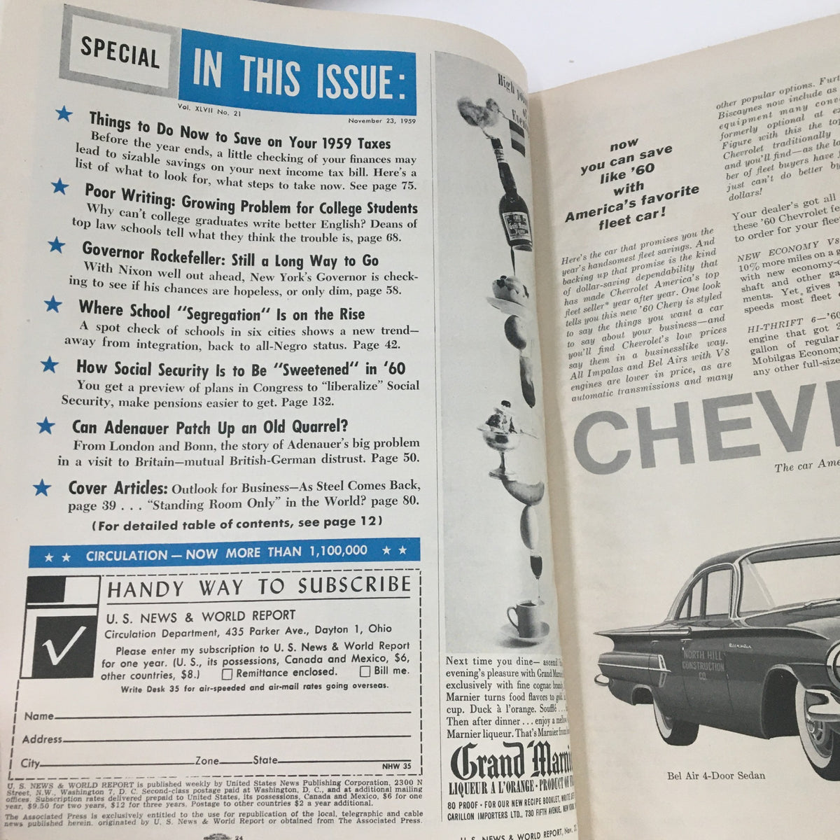 Interior pages of the VTG U.S. News & World Report from November 23, 1959, showcasing articles on saving for taxes, education challenges, and social security, with advertisements featuring Chevrolet vehicles.