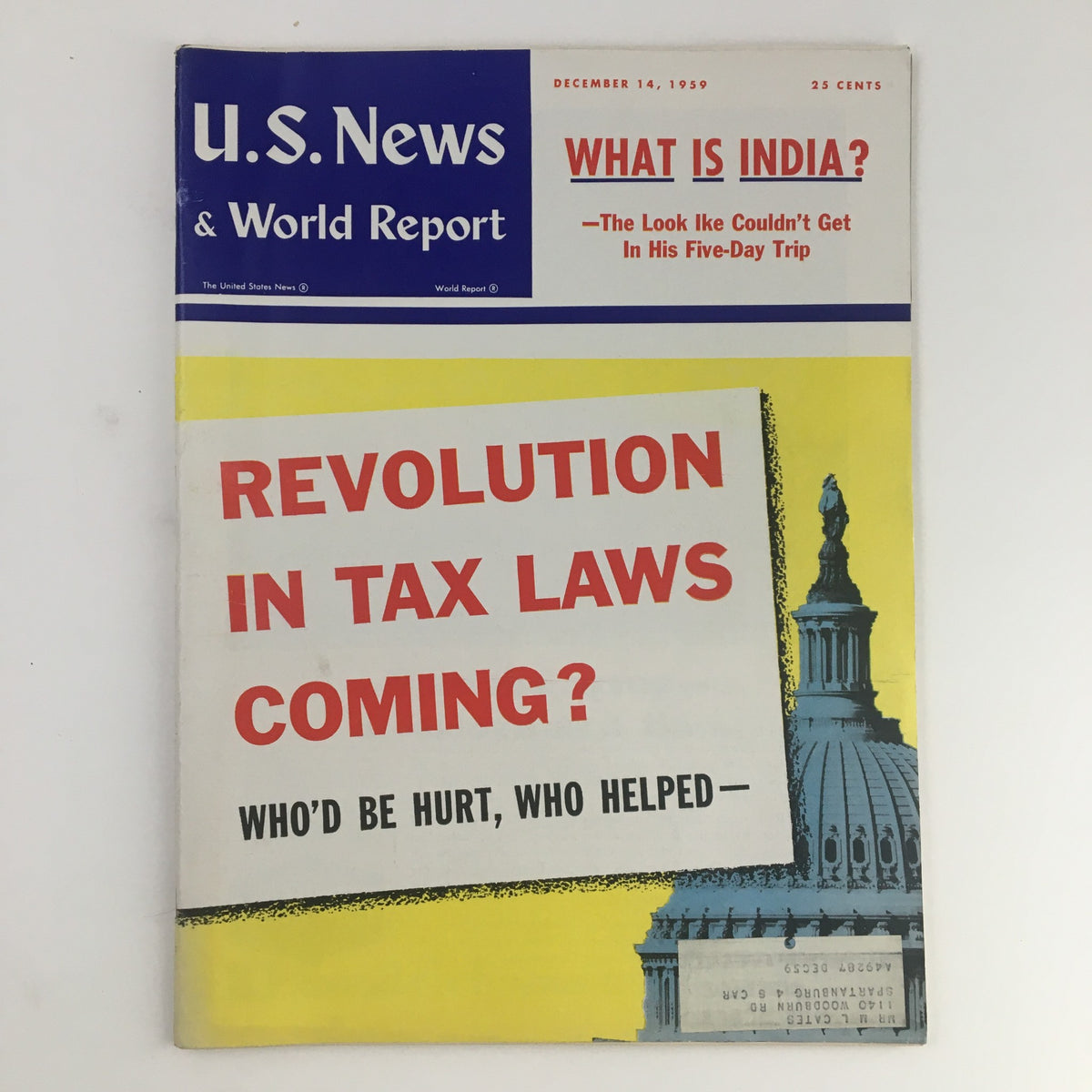 Cover of VTG U.S. News & World Report from December 14, 1959 featuring the headline 'Revolution in Tax Laws Coming?' with images of the U.S. Capitol.