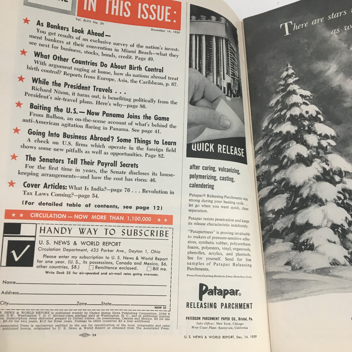 Interior page of the VTG U.S. News & World Report December 14, 1959 detailing articles within the issue, including topics like tax laws, business abroad, and American society.