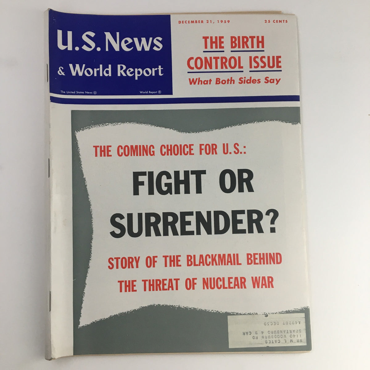 VTG U.S. News & World Report December 21 1959 cover featuring the title 'FIGHT OR SURRENDER?' and a headline on blackmail and nuclear war threats, showcasing Cold War-era concerns.