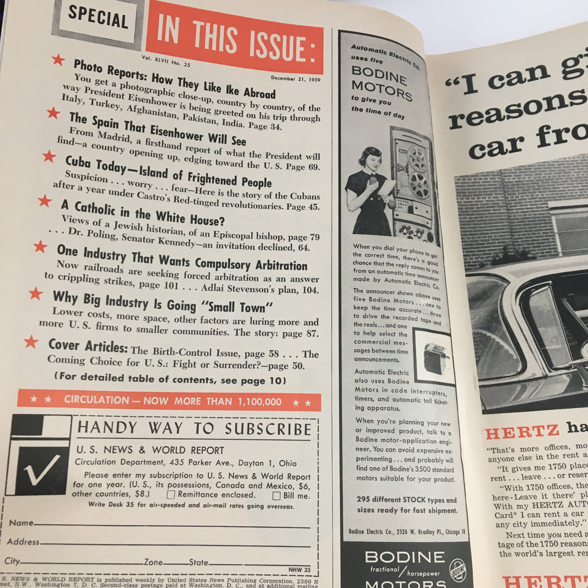 Contents page of VTG U.S. News & World Report from December 21, 1959, detailing articles on global politics, Cuba's situation, and industry trends, capturing historical insights from the Cold War era.
