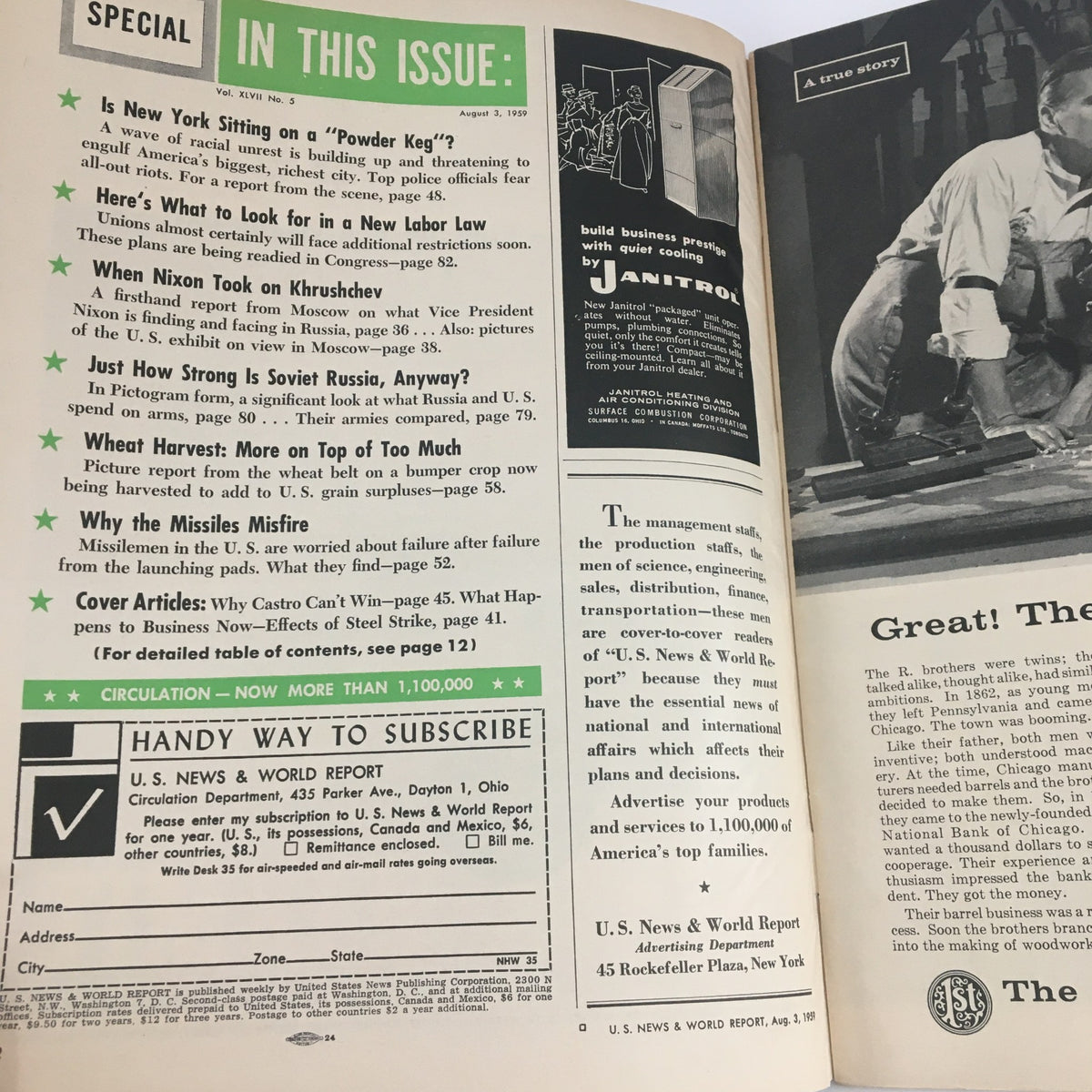 Interior page from VTG U.S. News & World Report August 3 1959 featuring articles on business trends, economic insights, and a subscription form, highlighting historical perspectives from the late 1950s.