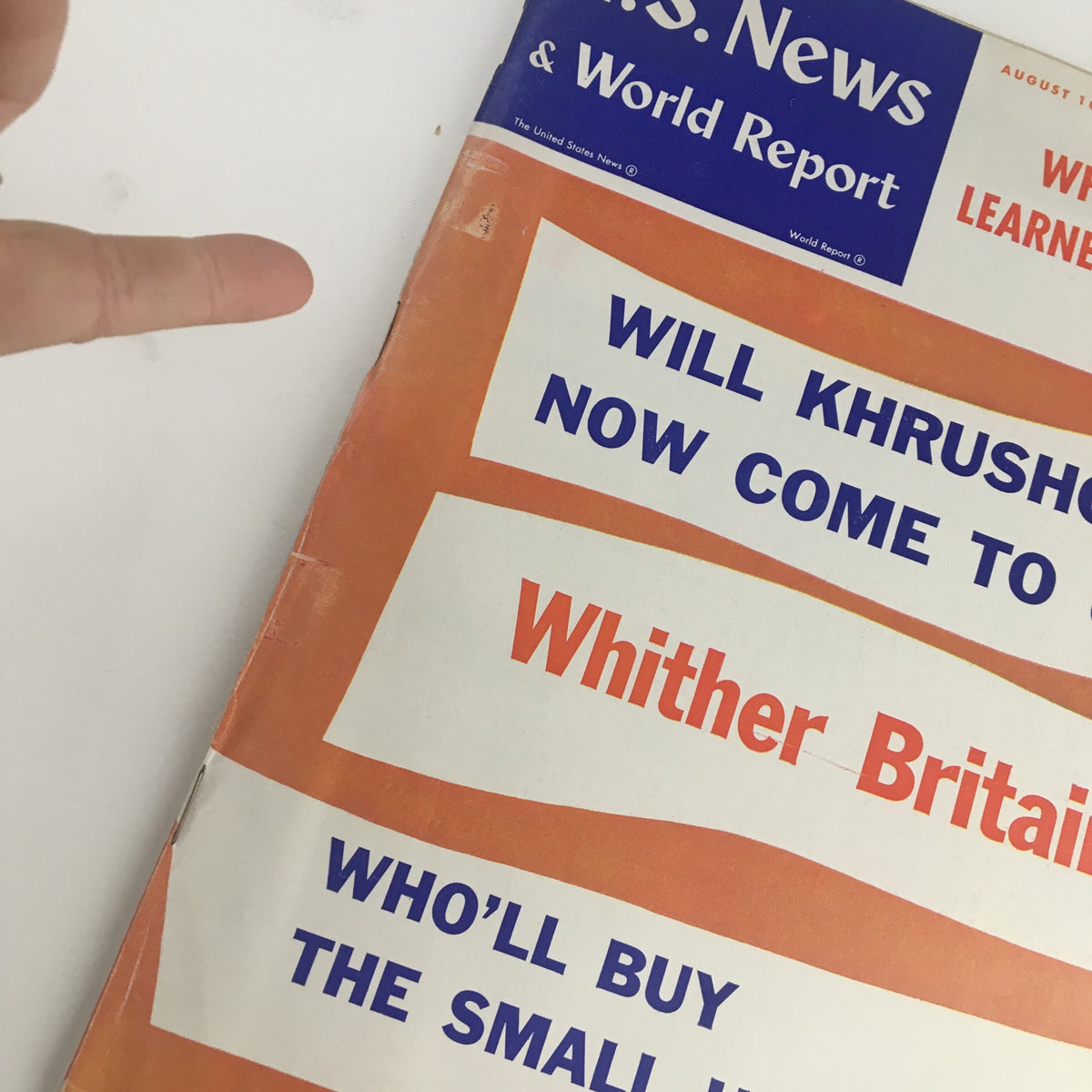 Detailed view of the VTG U.S. News & World Report August 10 1959 cover highlighting the questions regarding Khrushchev's visit to the U.S. and other significant events of that time.