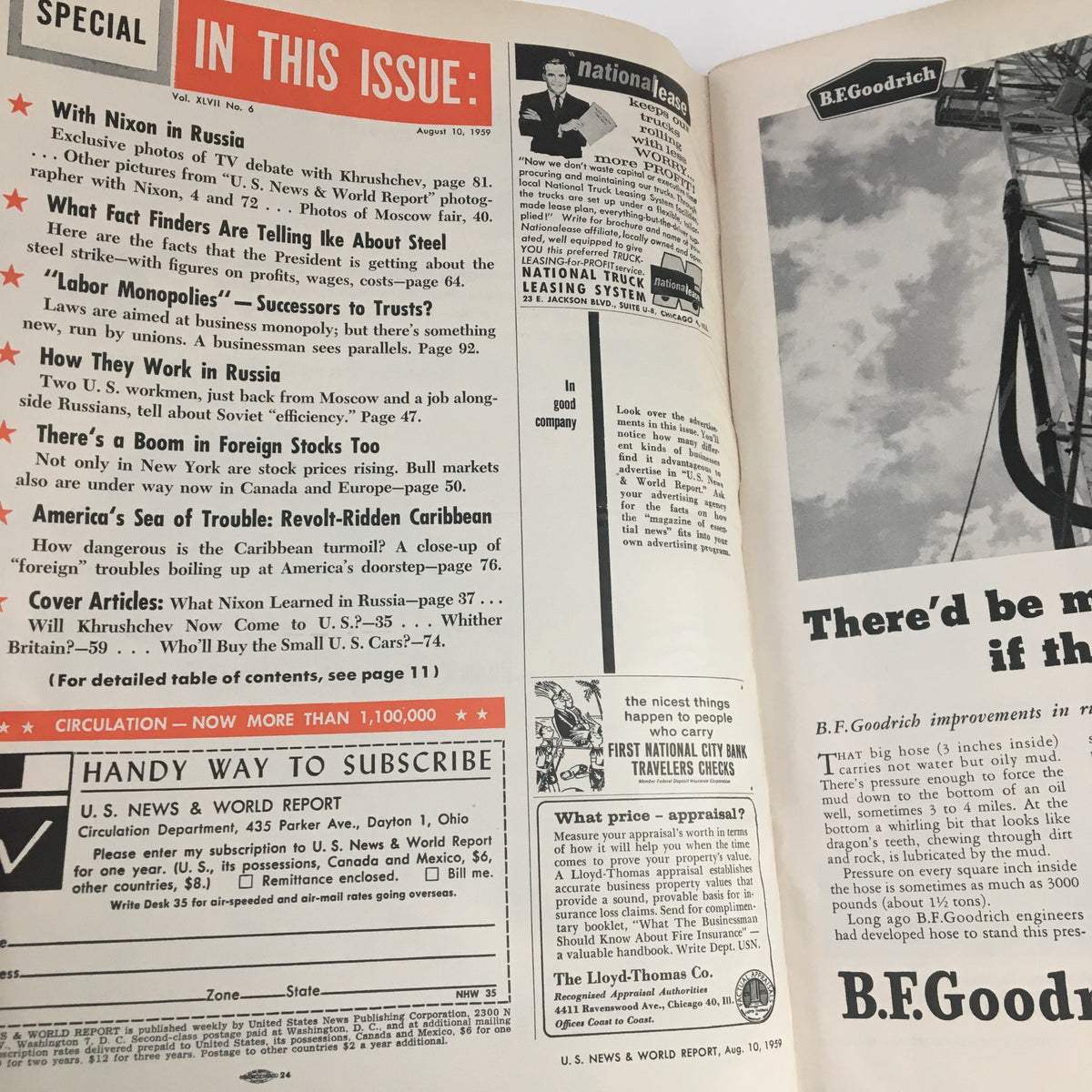 Inside spread of the vintage U.S. News & World Report magazine from August 10, 1959, featuring content on international relations, advertising, and the era's consumer trends, highlighting the significant cover story on Nikita Khrushchev titled 'Go To U.S. Now.'
