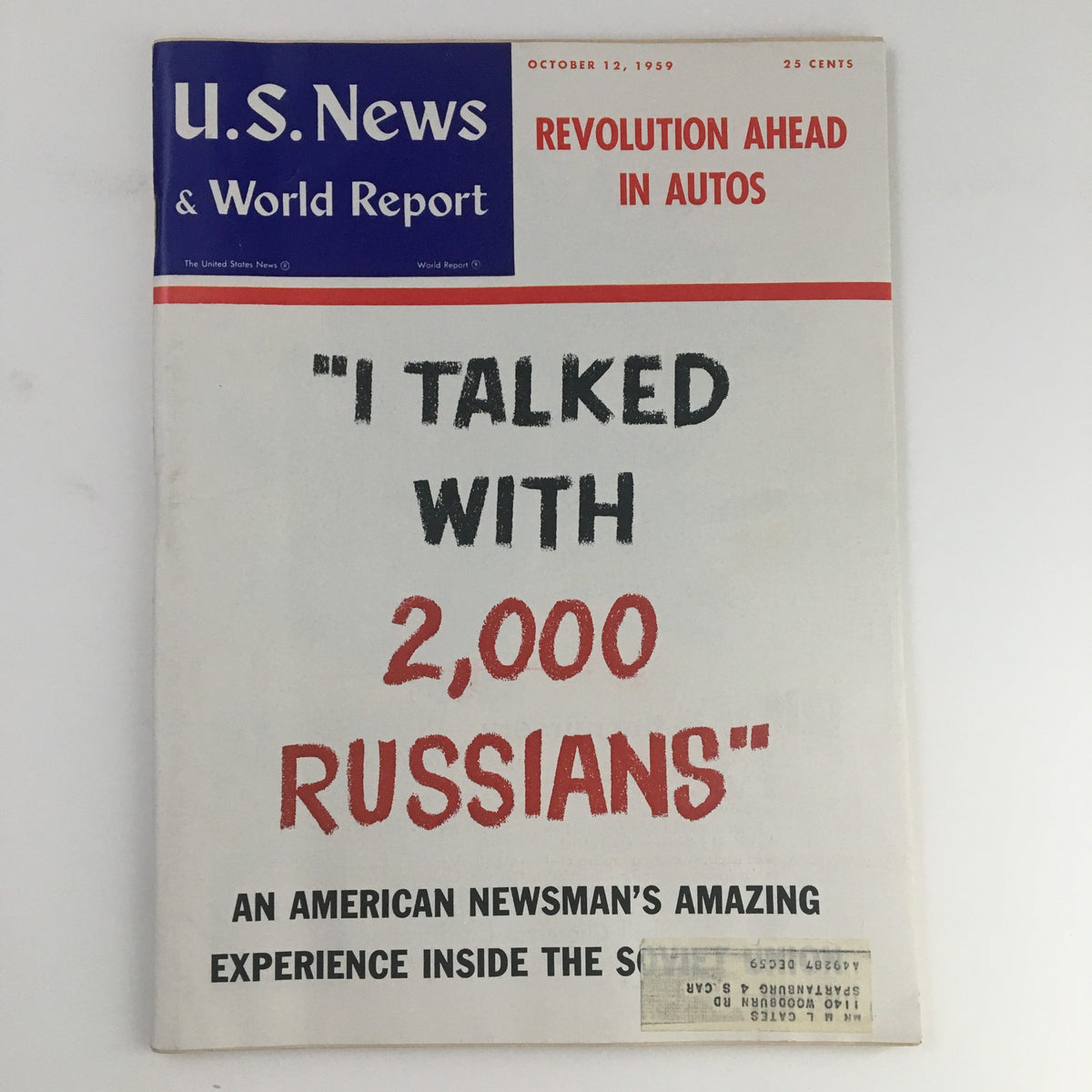 VTG U.S. News & World Report October 12 1959 cover featuring the article 'I Talked with 2,000 Russians' highlighting Cold War perspectives.