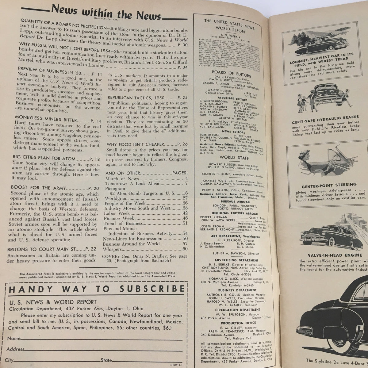 Interior page of the VTG U.S. News & World Report October 1949, featuring articles and subscription information relevant to historical events of that time.