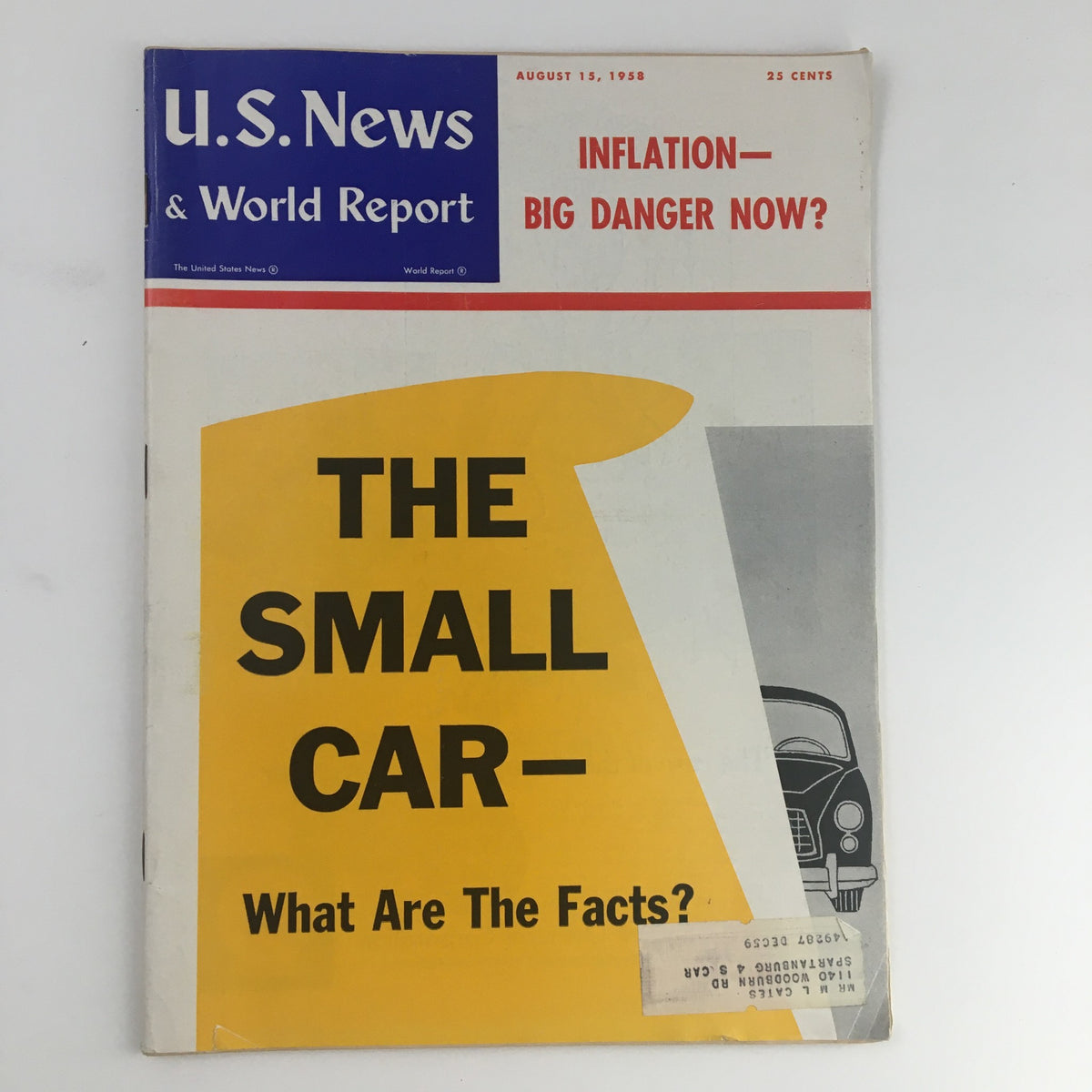 Cover of the VTG U.S. News & World Report from August 15, 1958, featuring an article titled 'The Small Car - What Are the Facts?' in bold yellow and black text.