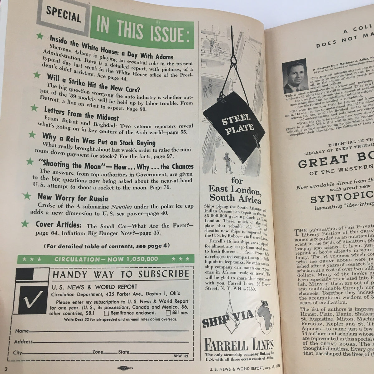Interior page of the VTG U.S. News & World Report from August 15, 1958, outlining the contents including the feature 'The Small Car - What Are the Facts?' and additional articles.