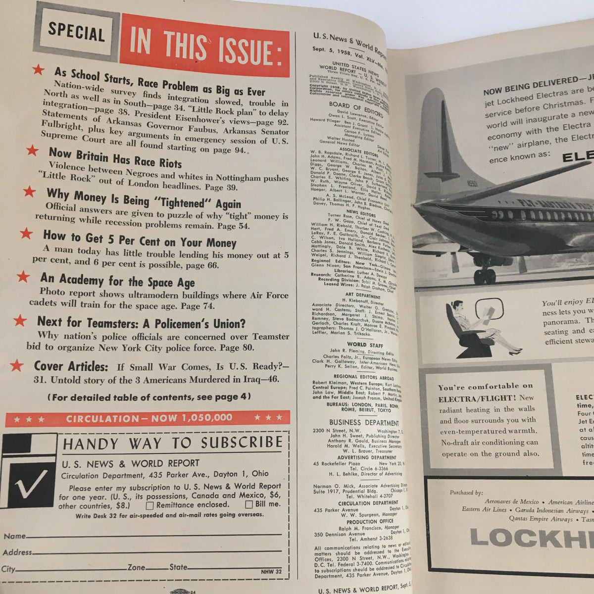 Interior page of the VTG U.S. News & World Report from September 5, 1958, featuring a table of contents and highlights including topics like race issues, financial advice, and the Academy for the Space Age.