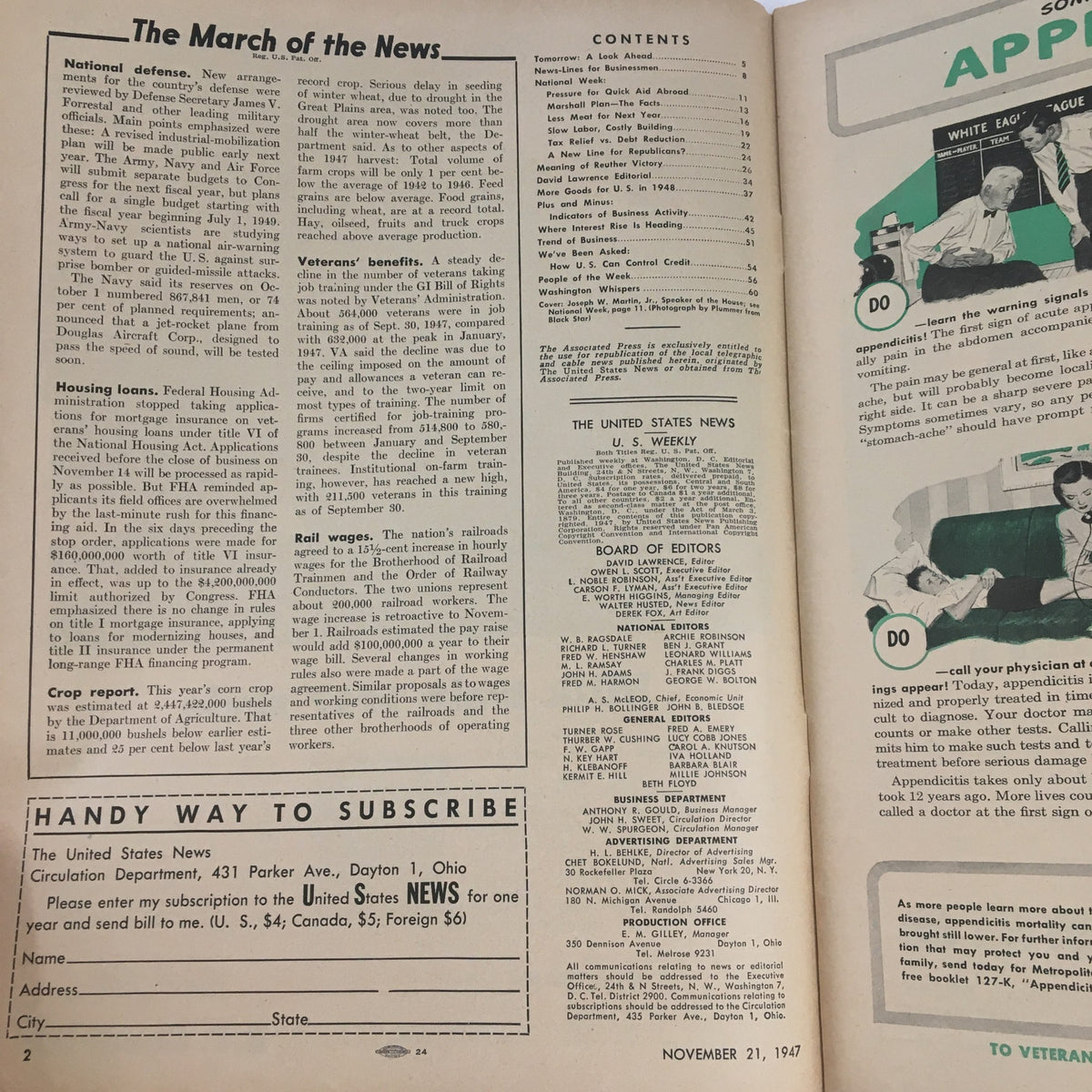 Interior page of VTG The United States News U.S. Weekly, November 21, 1947, showcasing articles and subscription information with historical significance.