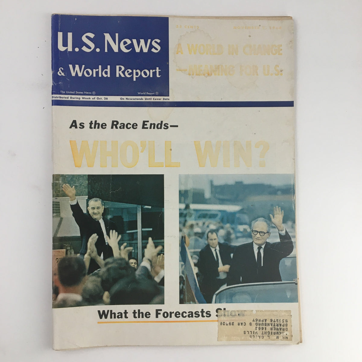 Cover of VTG U.S. News & World Report November 2, 1964, featuring Lyndon B. Johnson and Barry Goldwater with the headline 'Who'll Win?' showcasing an iconic political moment.
