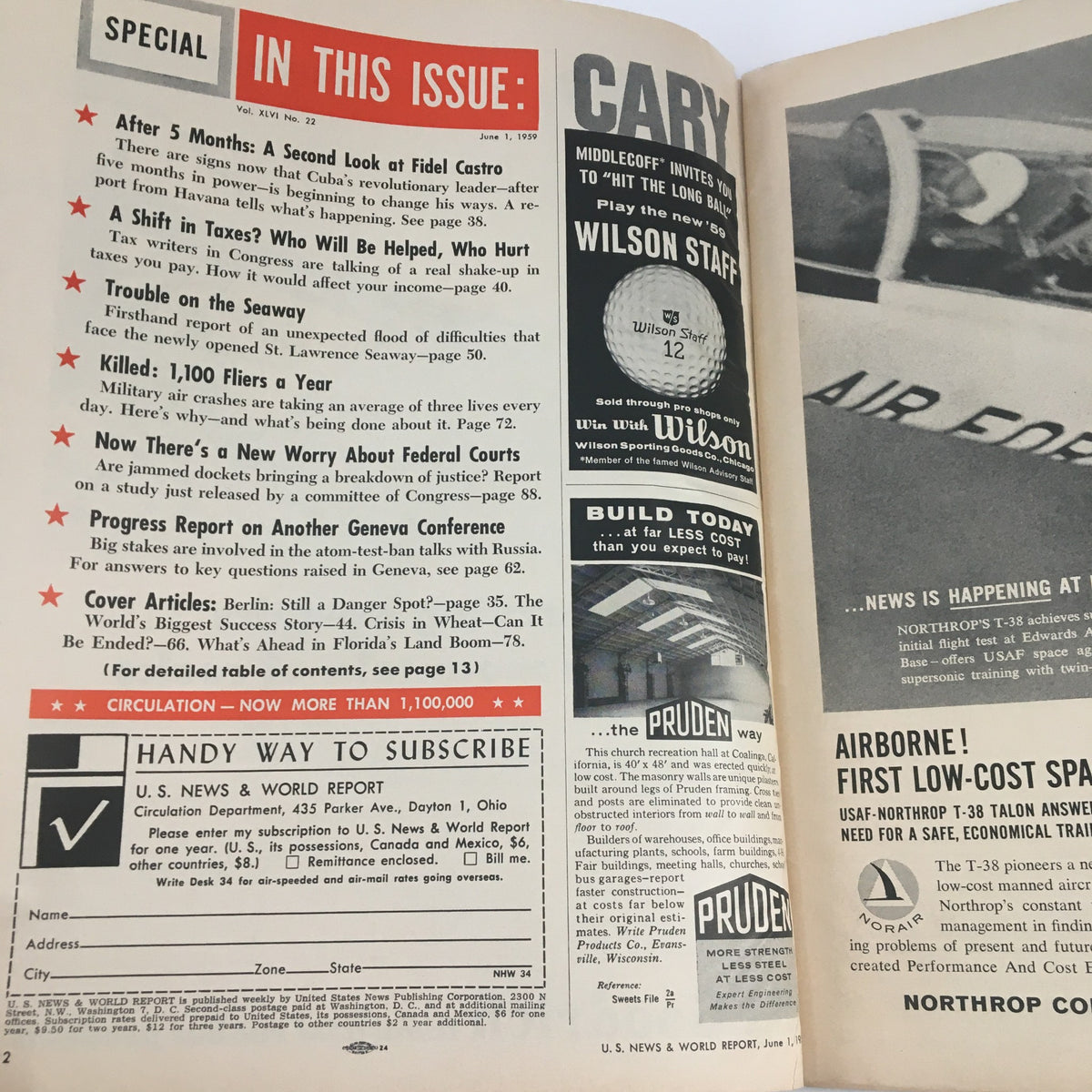 Interior page of VTG U.S. News & World Report June 1 1959 displaying special features and articles in the issue.