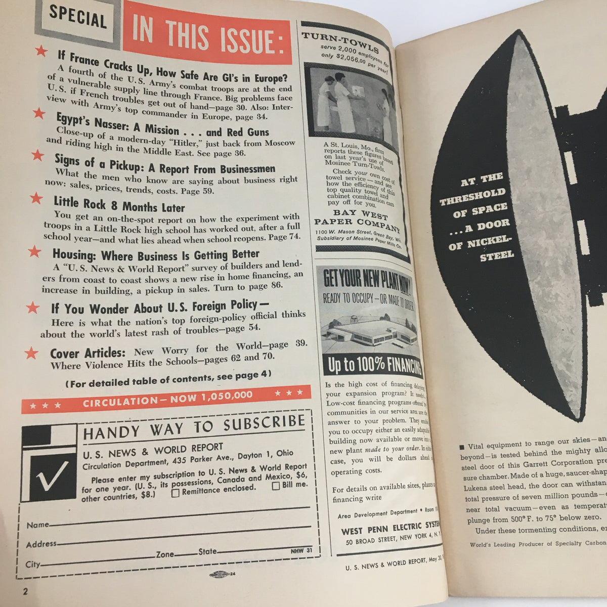 Interior page of the May 30, 1958 issue of U.S. News & World Report, highlighting articles including 'If France Cracks Up, How Safe Are GIs in Europe?' and advertisements, providing insight into the magazine's content from the era.
