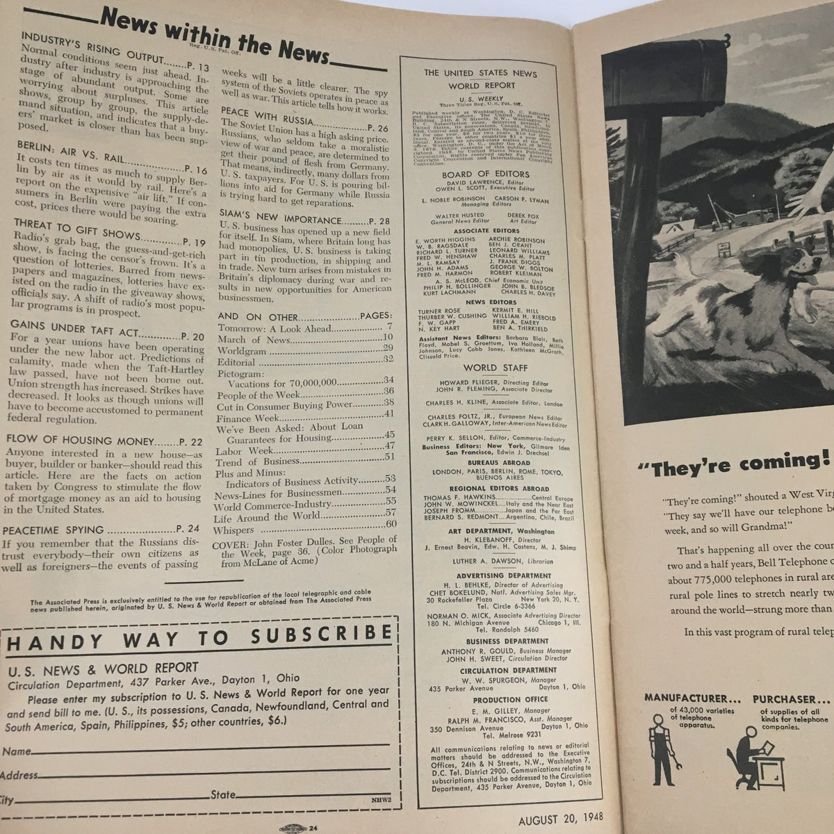 Vintage U.S. News & World Report August 20 1948 Dewey Spokesman on World Policy