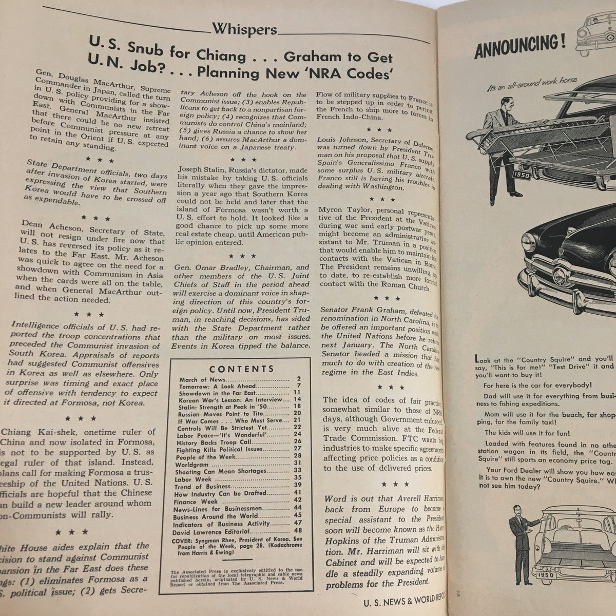 Interior page of the U.S. News & World Report magazine from July 7, 1950, discussing U.S. policy in Asia, including content about Chiangs, UN Jobs, and military supplies.