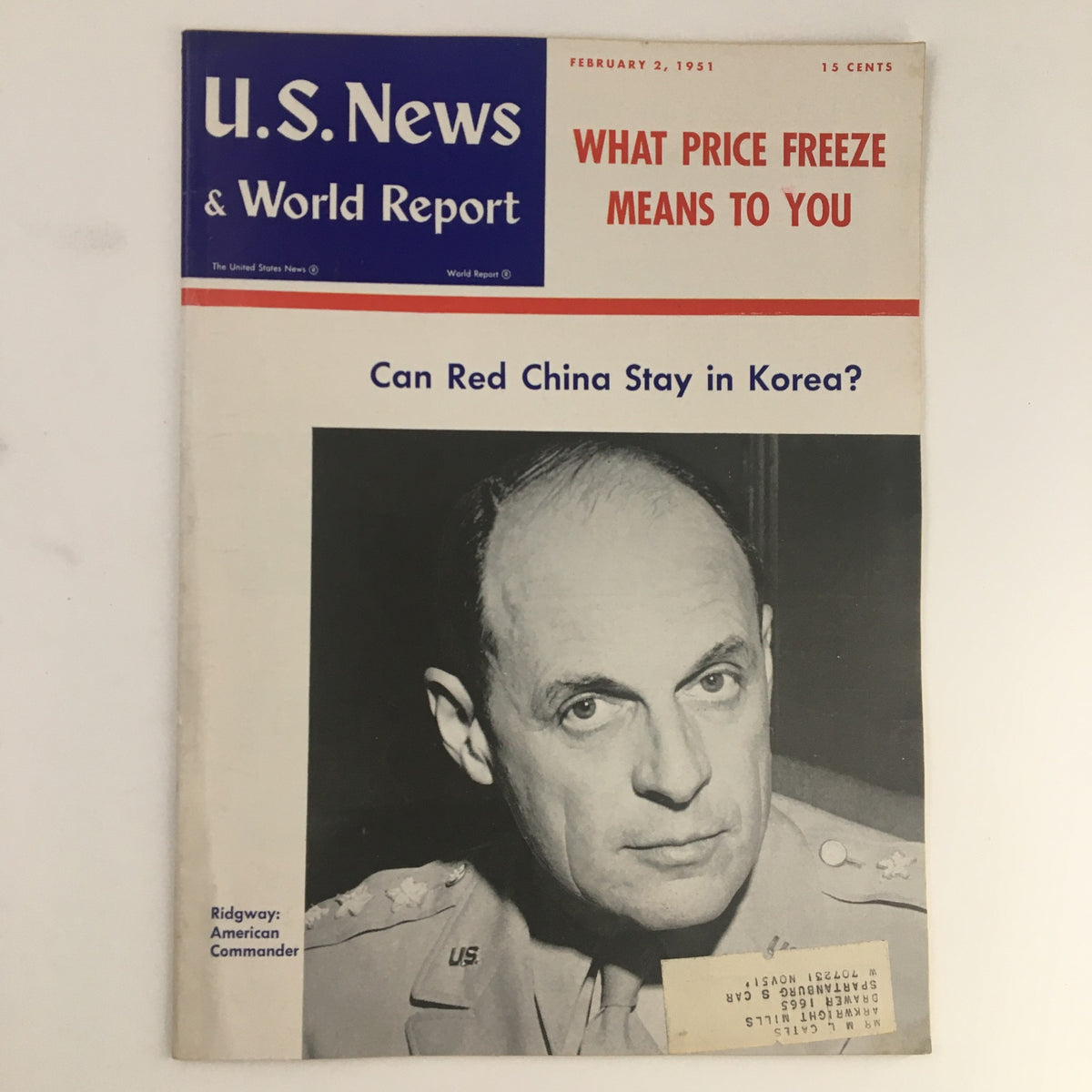 Cover of the vintage U.S. News & World Report magazine dated February 2, 1951, featuring a portrait of Matthew Ridgway, American Commander, and headlines about military issues.