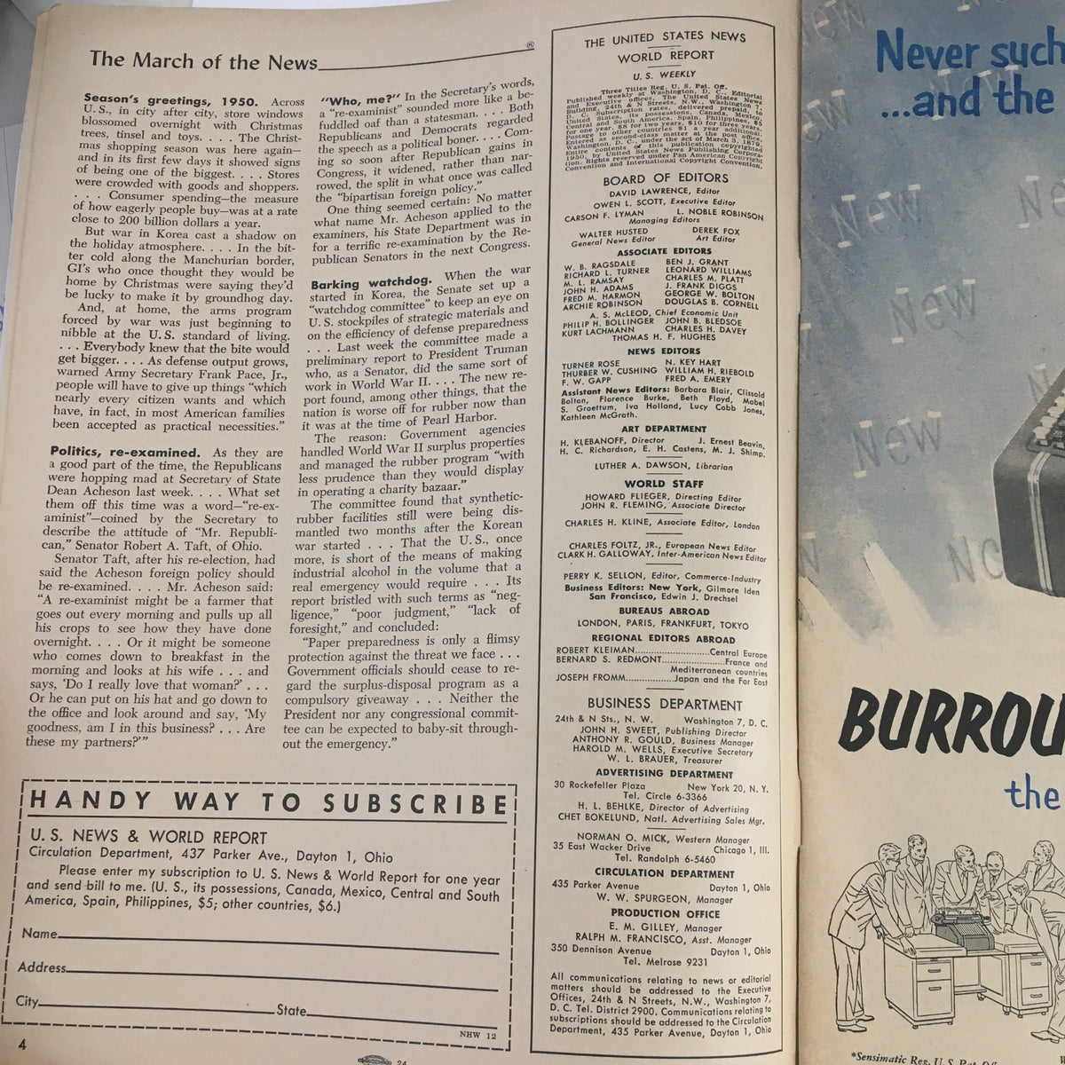 Interior page from VTG U.S. News & World Report December 1, 1950 with articles and subscription details, reflecting mid-20th century American journalism.