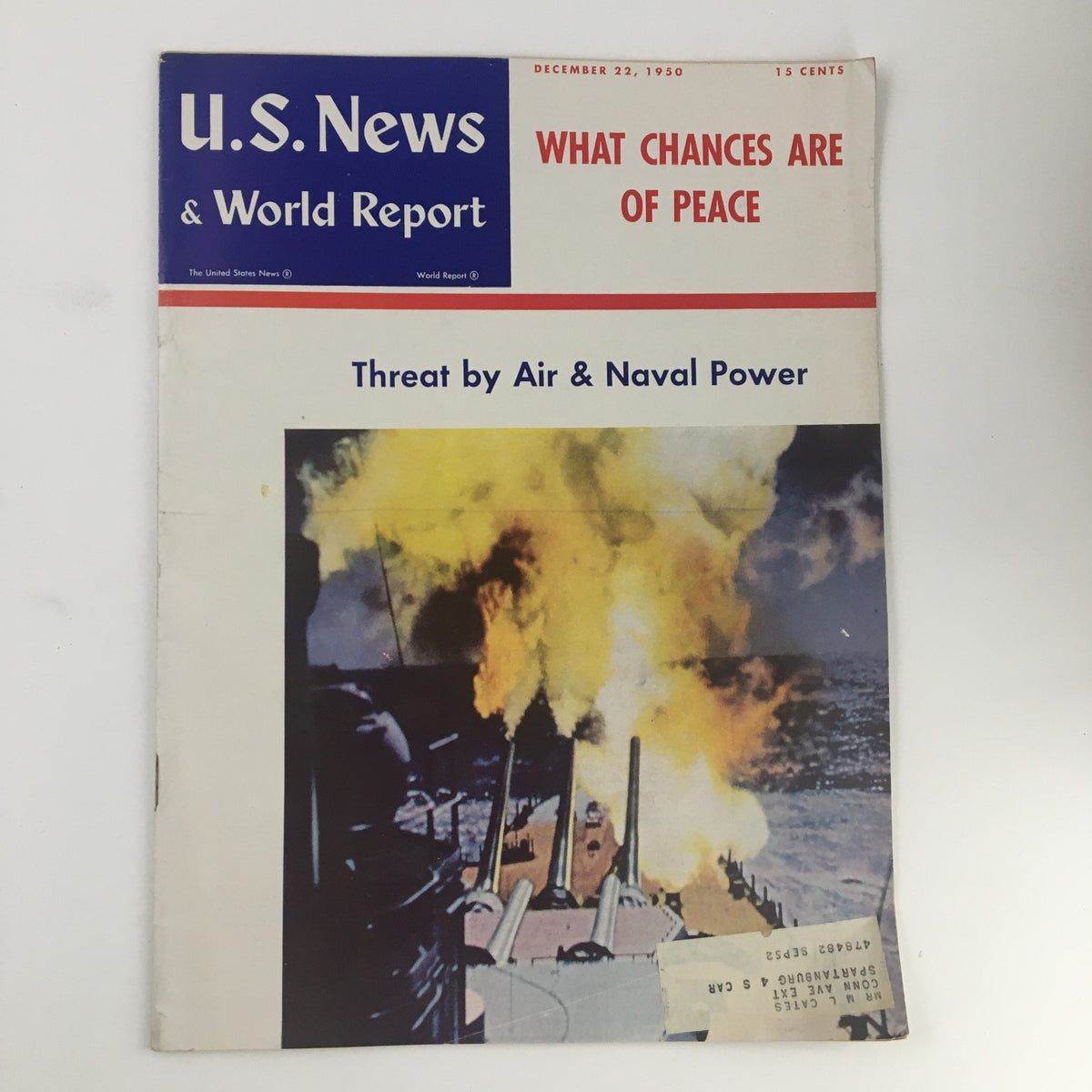 Vintage U.S. News & World Report December 22, 1950 issue cover featuring artwork depicting the theme 'Threat by Air & Naval Power' with military imagery.