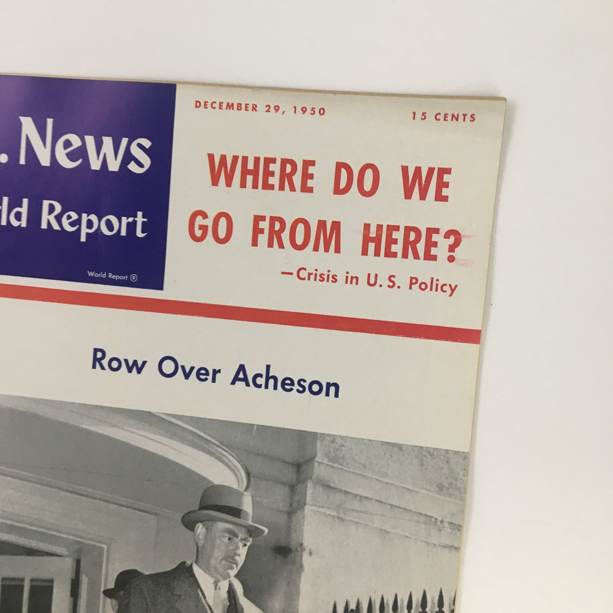 Vintage cover of U.S. News & World Report from December 29, 1950 featuring the title 'Where Do We Go From Here? - Crisis in U.S. Policy' and a significant focus on Dean Acheson.