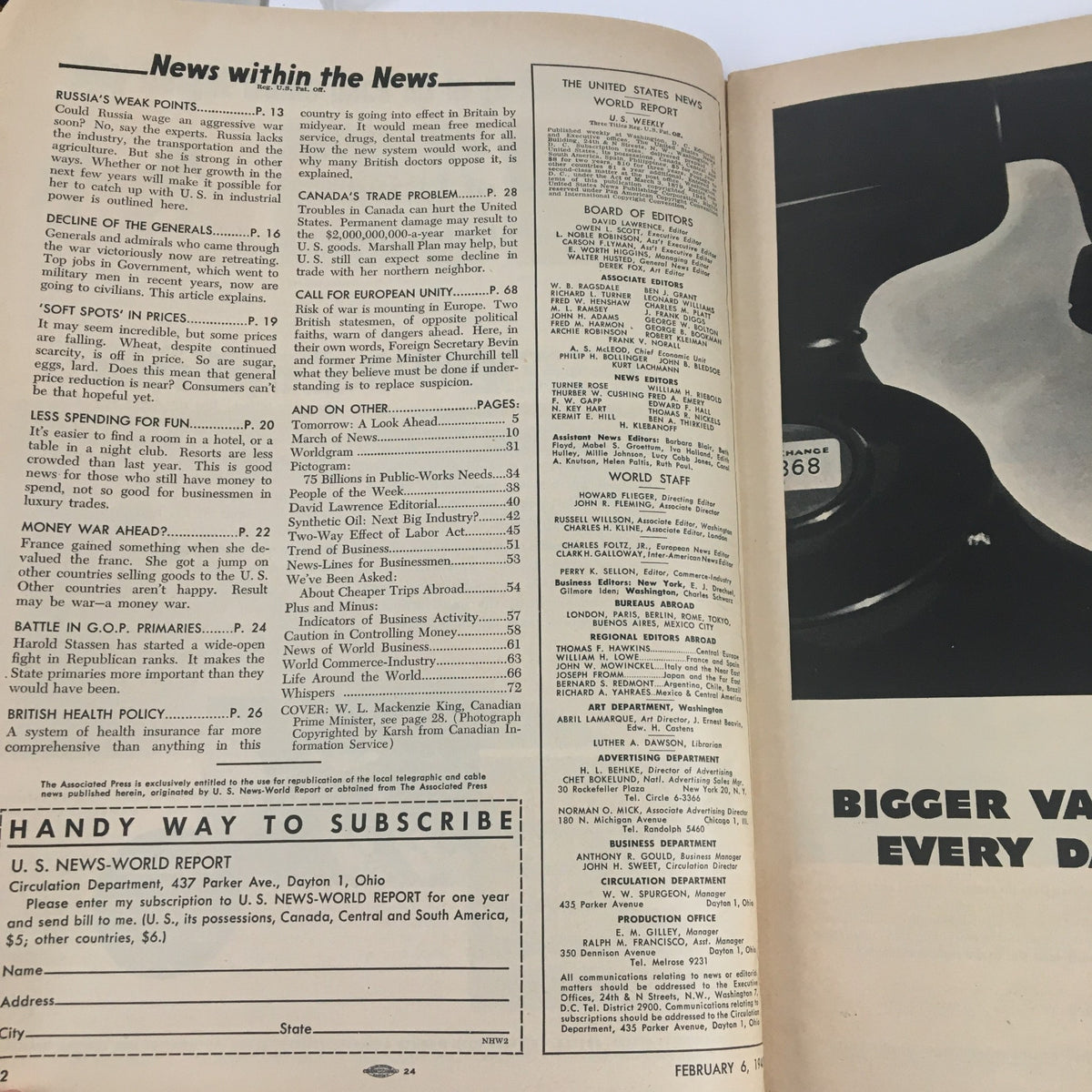 Inside page of the VTG U.S. News & World Report from February 6, 1948, featuring sections titled 'News within the News' and an overview of various articles, including a mention of Canada Premier Mackenzie King.