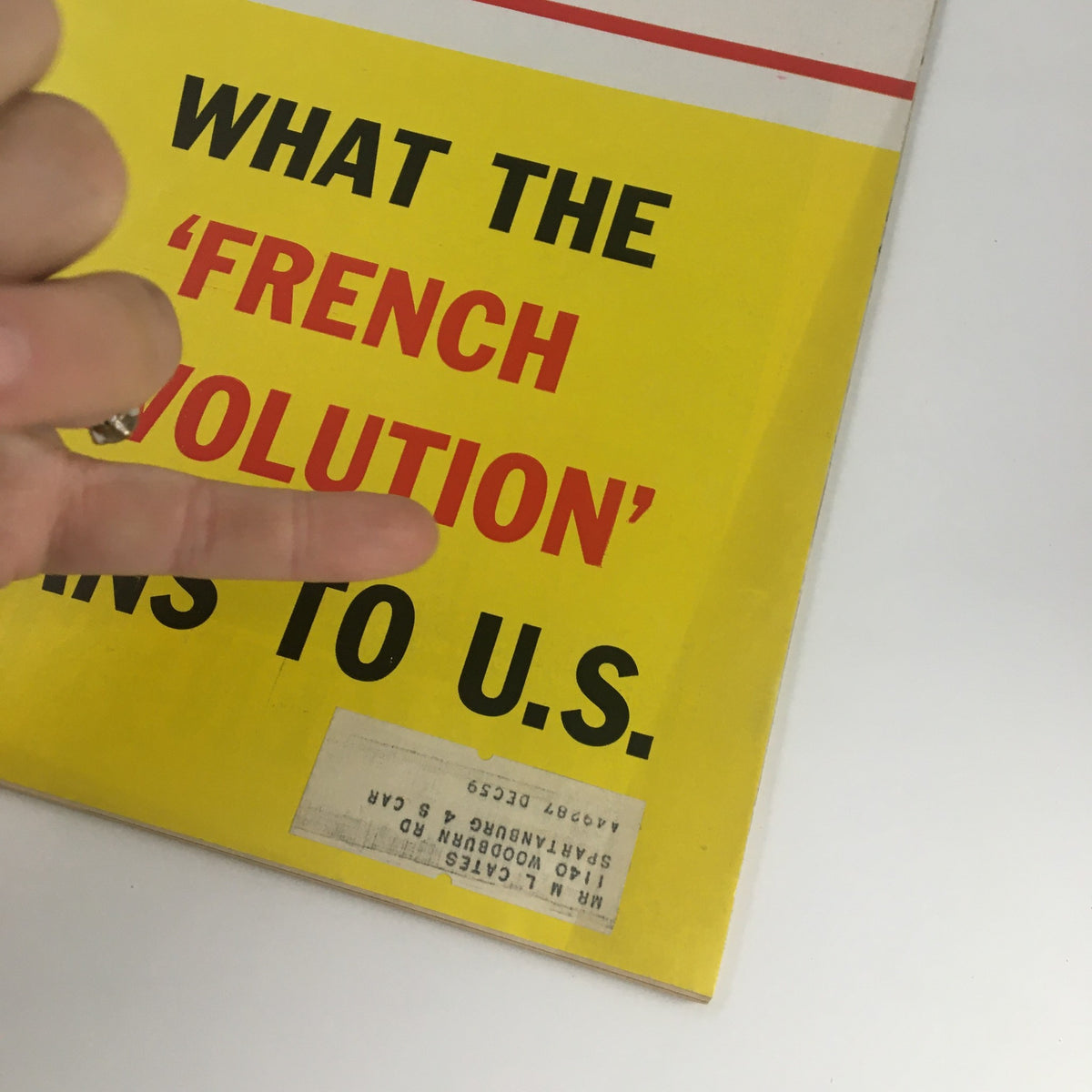 Close-up of the cover of VTG U.S. News & World Report June 6 1958 highlighting the phrase 'What The French Revolution Means to U.S.' alongside a price tag.