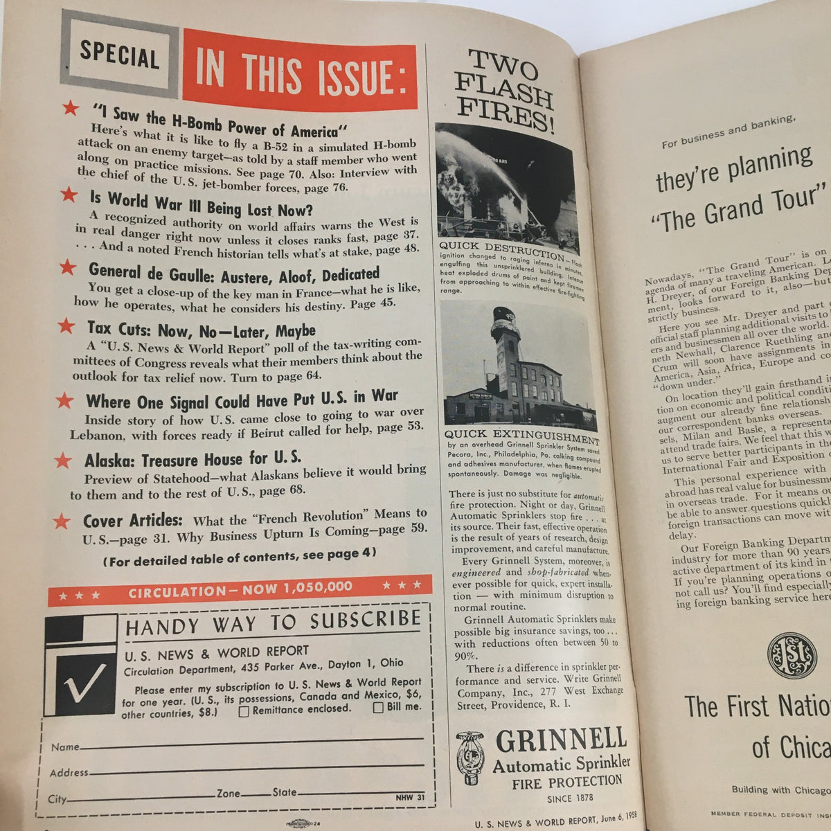 Inside page of VTG U.S. News & World Report June 6 1958 showcasing special articles including 'What the French Revolution Means to U.S.' with brief descriptions of featured content.