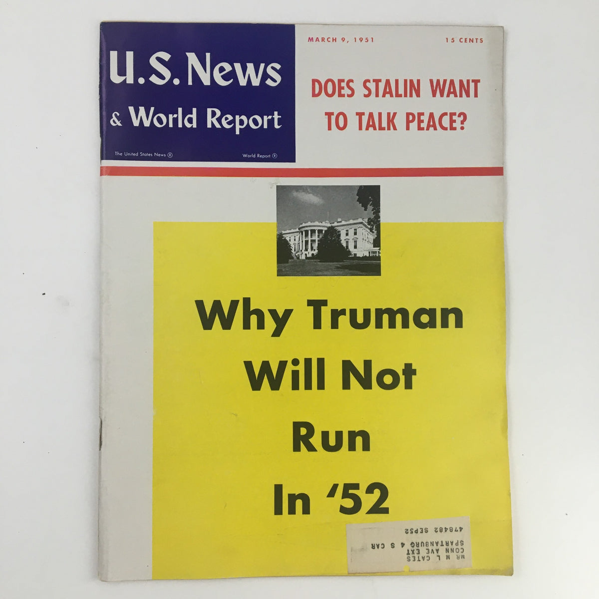 Cover of VTG U.S. News & World Report March 9, 1951 featuring the headline 'Why Truman Will Not Run In 1952' alongside a question 'Does Stalin Want to Talk Peace?'.