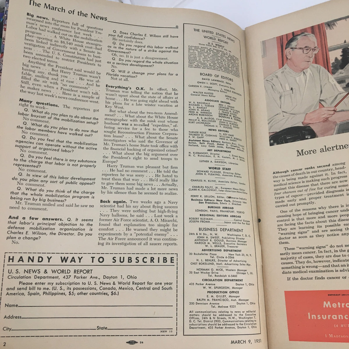 Interior page of VTG U.S. News & World Report March 9, 1951, showcasing articles and editorials from the publication.