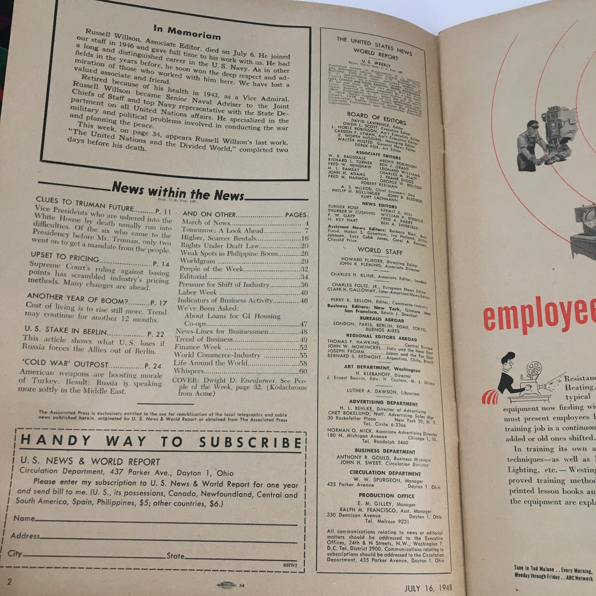 Inside page of the Vintage U.S. News & World Report July 16, 1948, detailing news articles including Truman's future and U.S. stake in Berlin, highlighting the era's historical context.