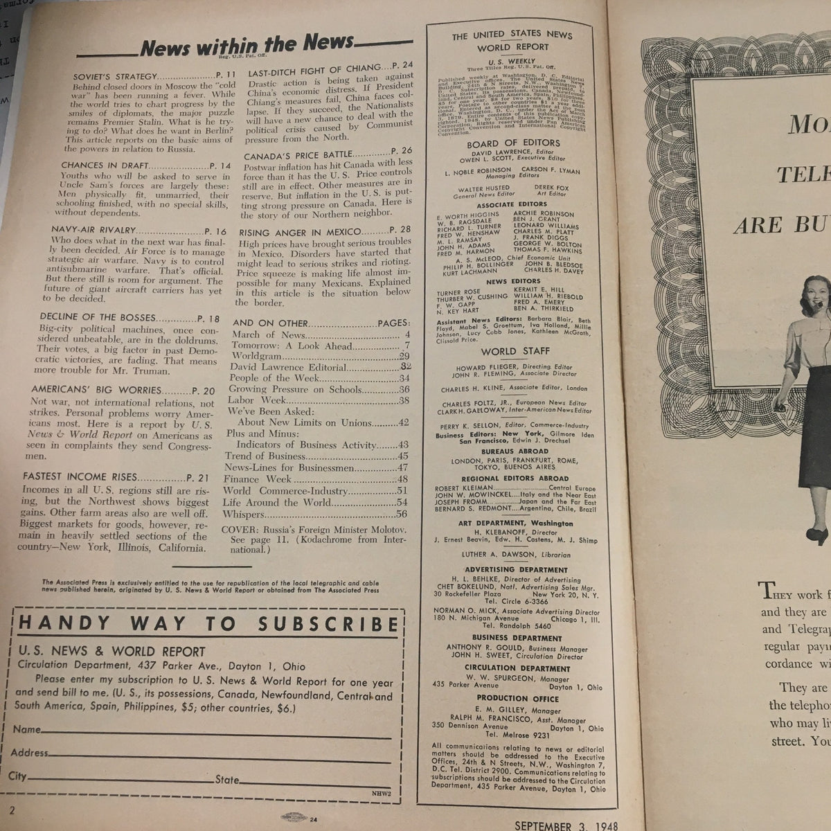 Inside page of the VTG U.S. News & World Report from September 3, 1948, featuring articles titled 'Soviet's Strategy' and 'Chances in Draft,' displaying the magazine's vintage design and editorial content.