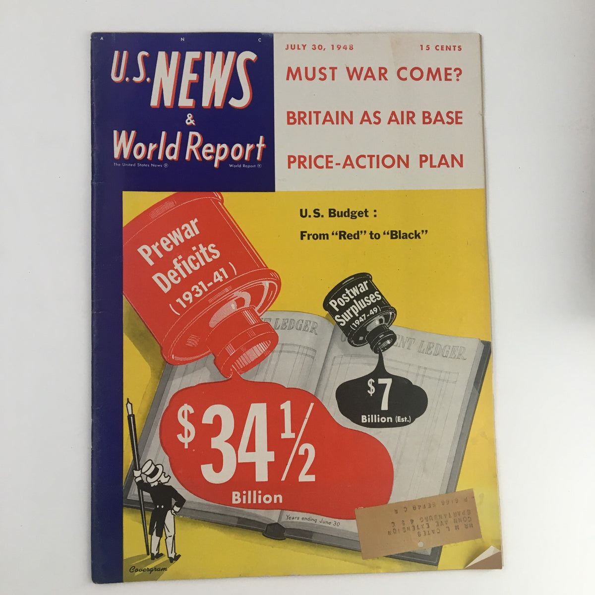 Cover of VTG U.S. News & World Report July 30 1948 featuring the title 'The U.S. Budget from Red to Black,' highlighting budget deficits and surpluses with visual graph elements.