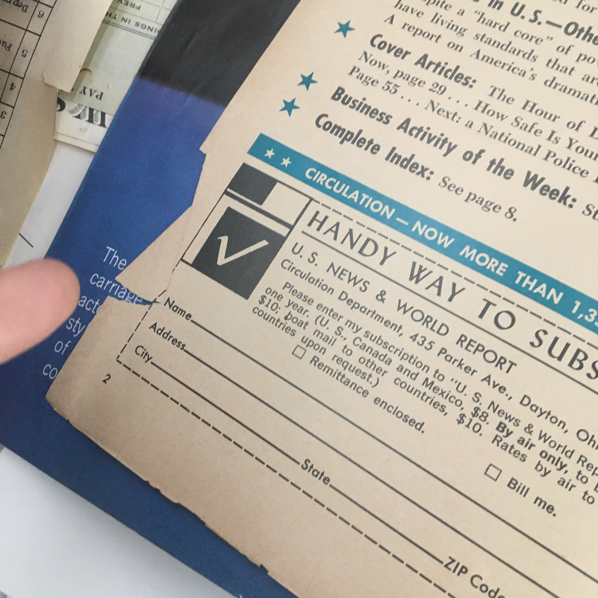 Inside page of the vintage U.S. News & World Report magazine showing subscription details and highlights from the December 7, 1964 issue with focus on 'Cover Articles'.